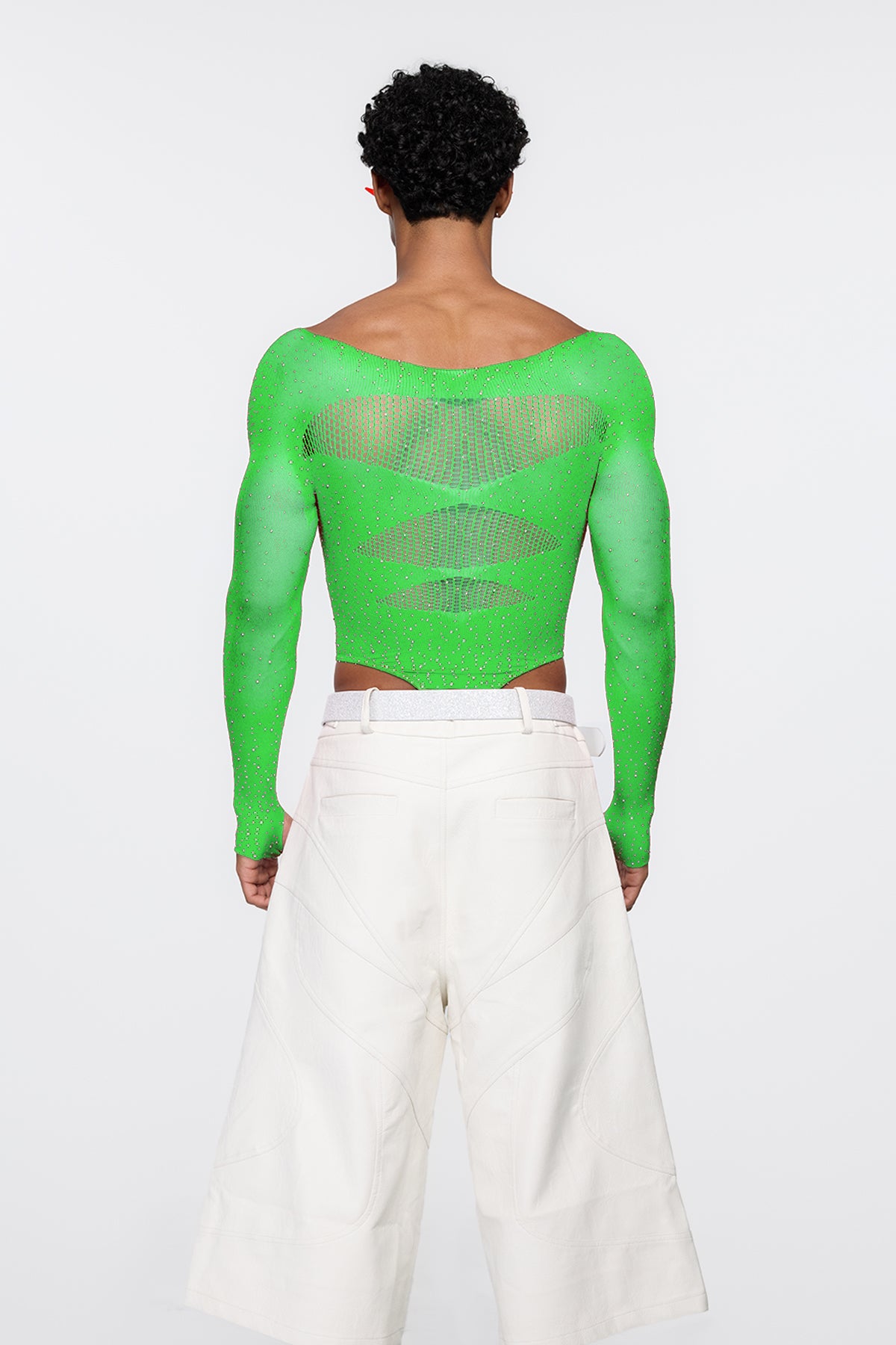 Polished Skin Fishnet Rhinestone Bodysuit Green