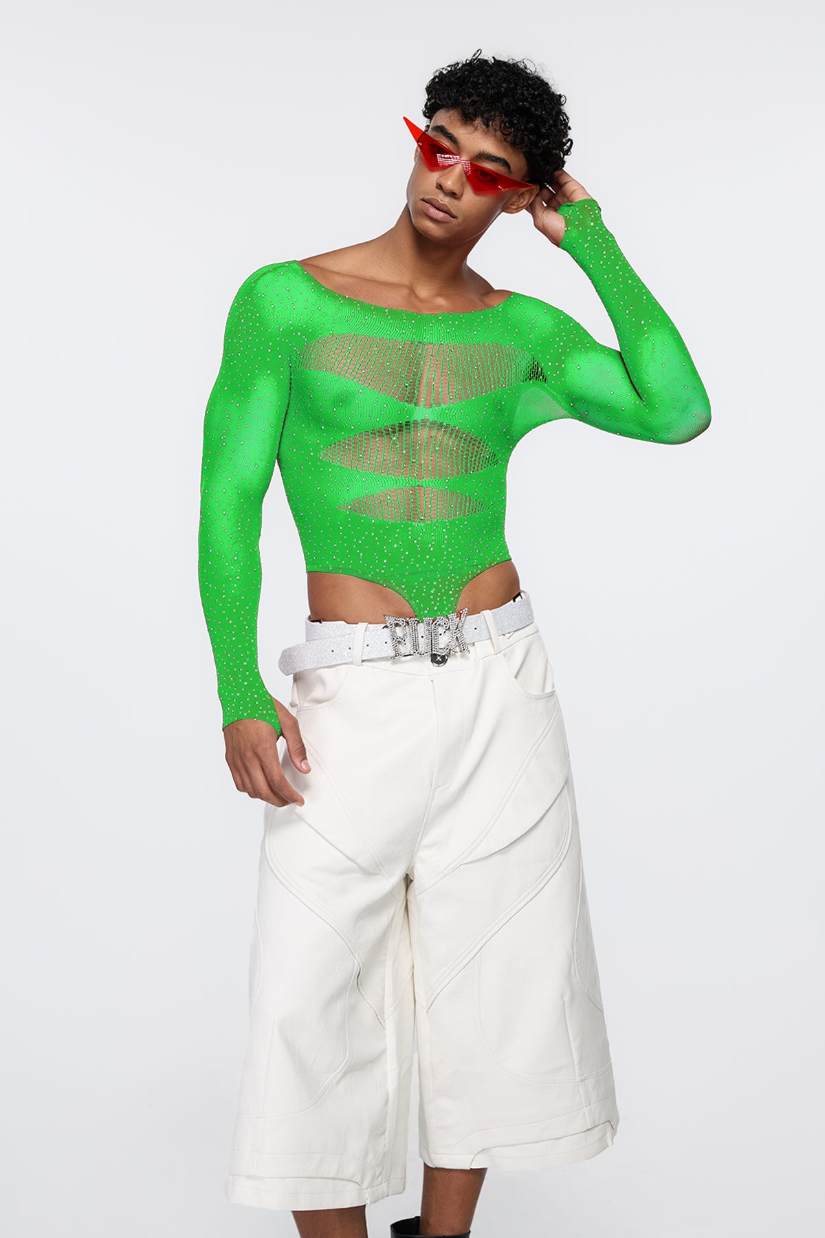 Polished Skin Fishnet Rhinestone Bodysuit Green