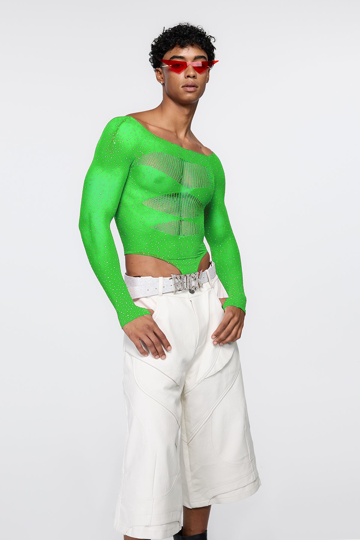 Polished Skin Fishnet Rhinestone Bodysuit Green