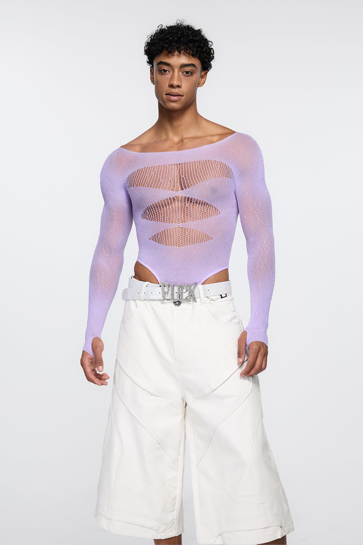 Polished Skin Fishnet Rhinestone Bodysuit Purple