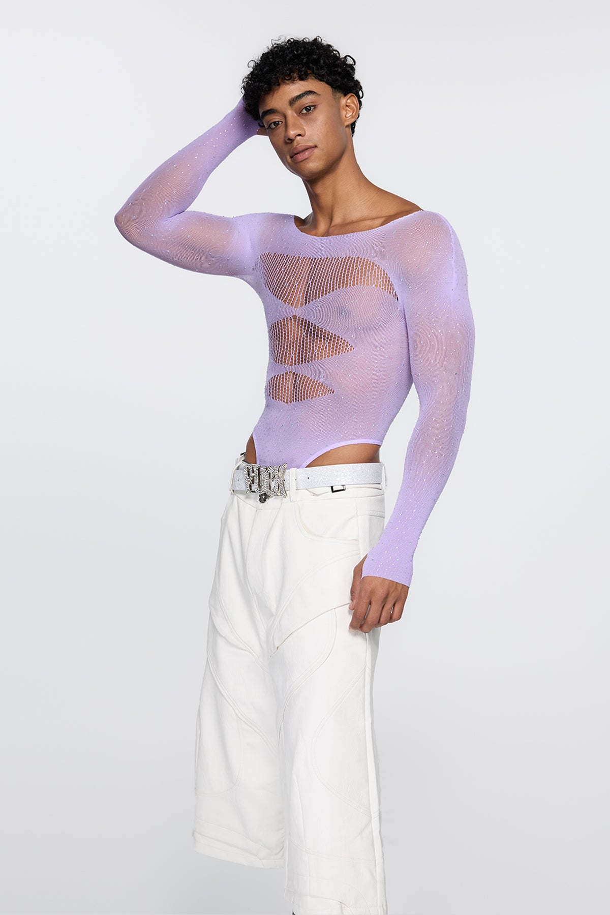 Polished Skin Fishnet Rhinestone Bodysuit Purple