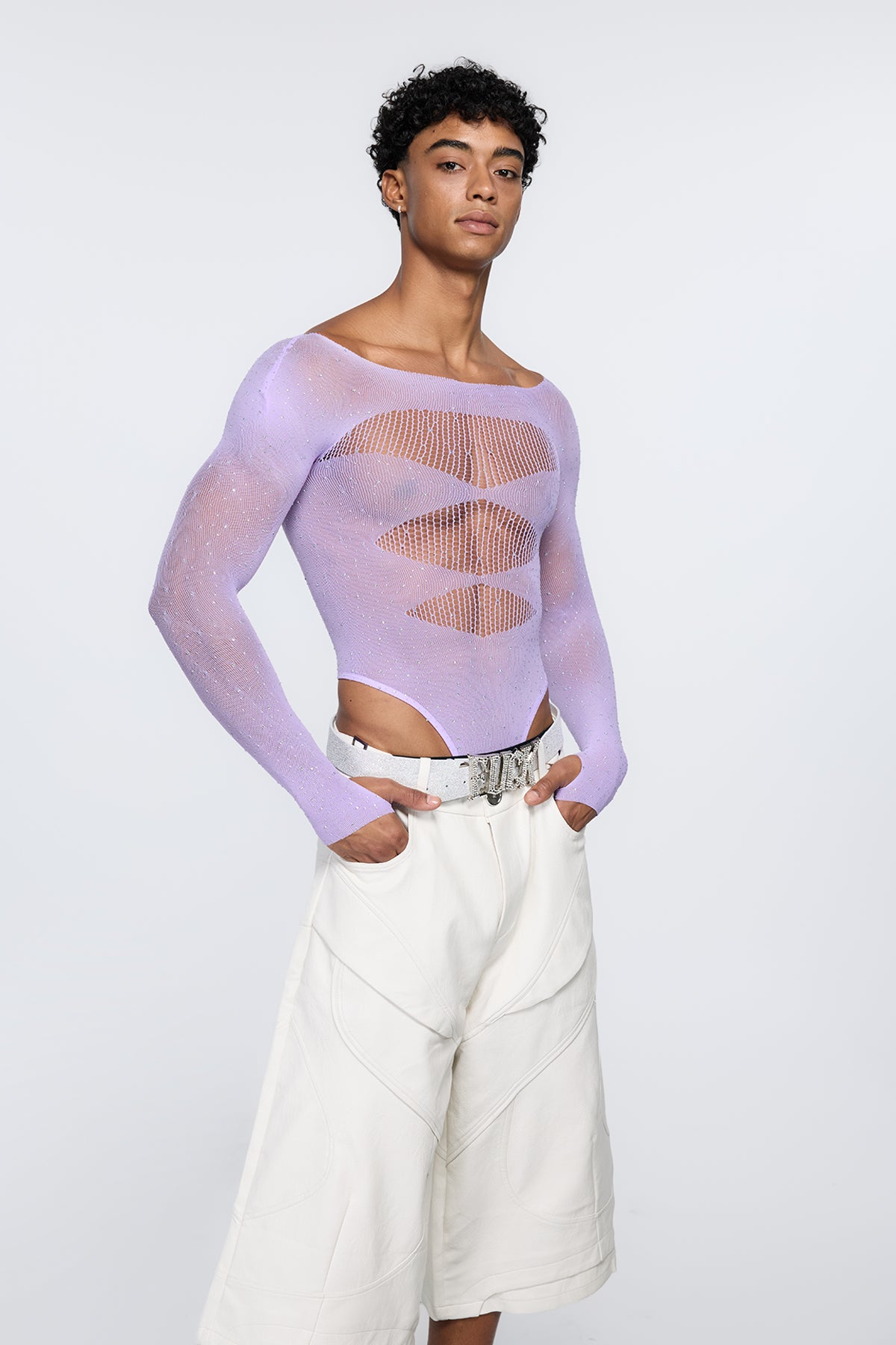 Polished Skin Fishnet Rhinestone Bodysuit Purple