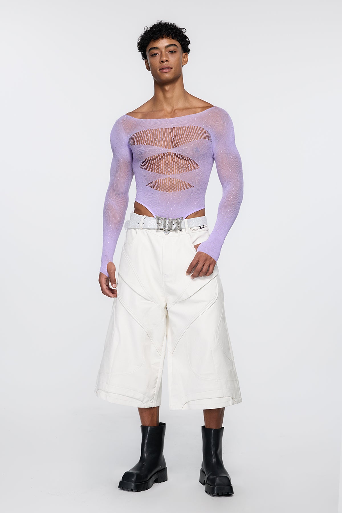 Polished Skin Fishnet Rhinestone Bodysuit Purple