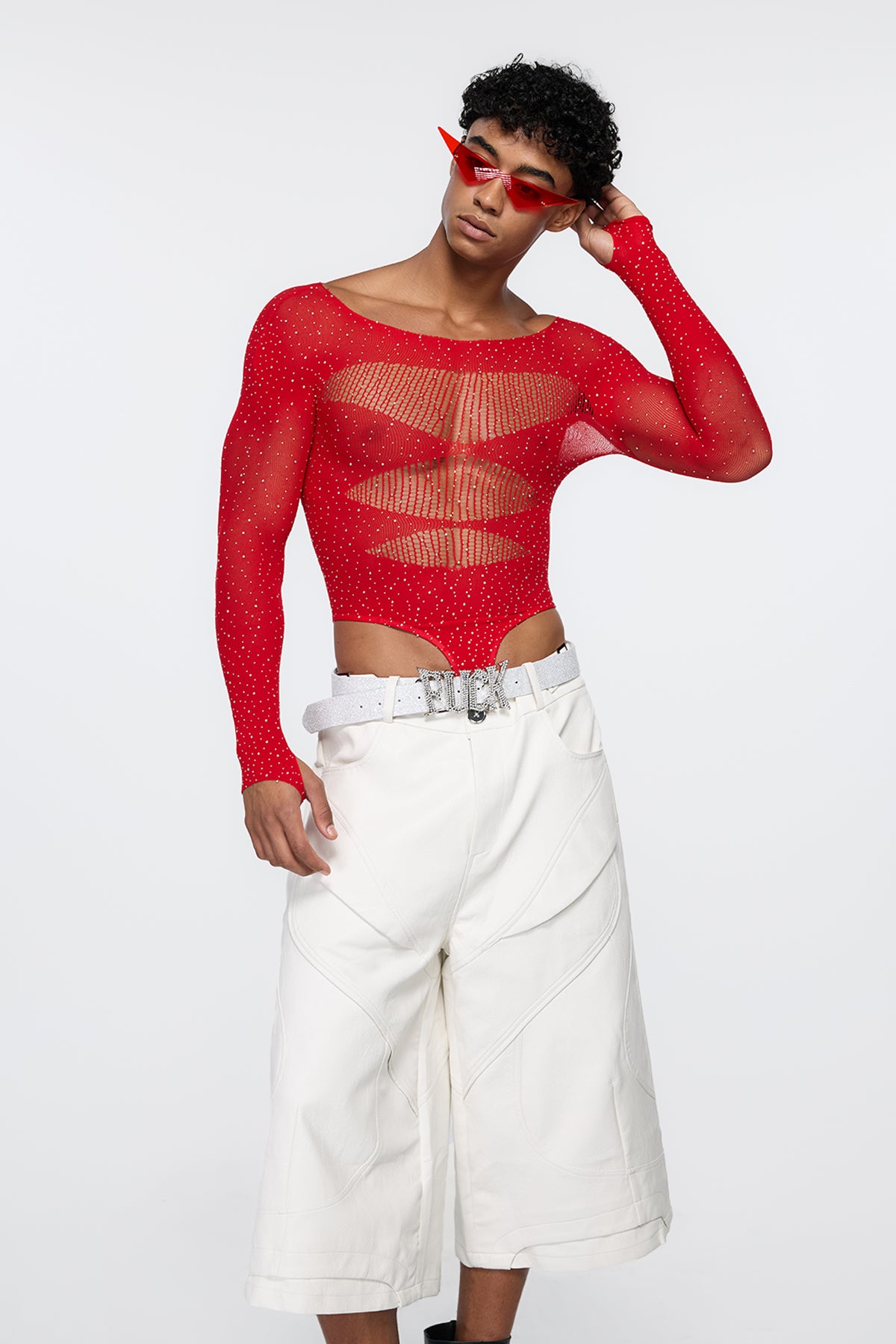 Polished Skin Fishnet Rhinestone Bodysuit Red