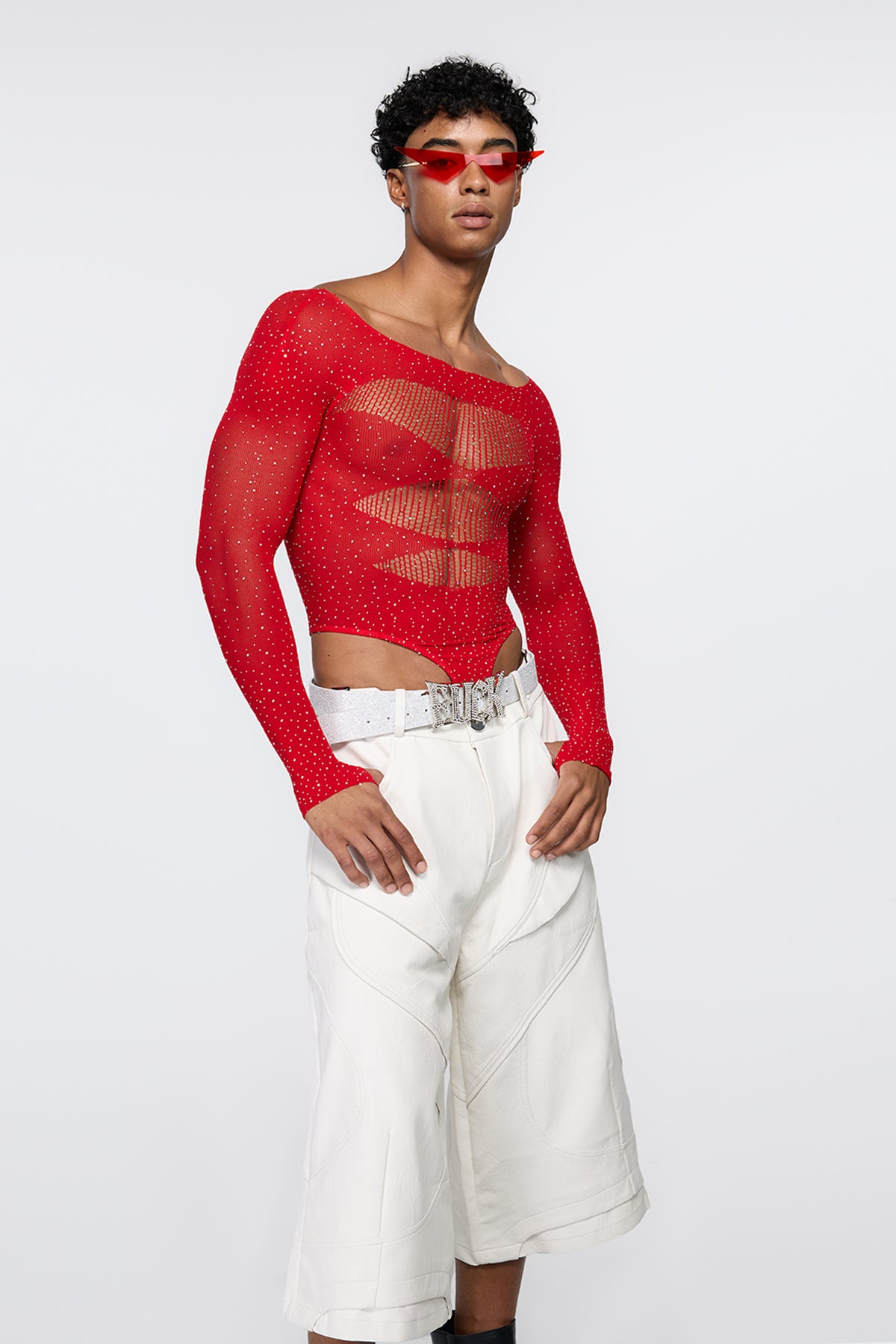 Polished Skin Fishnet Rhinestone Bodysuit Red