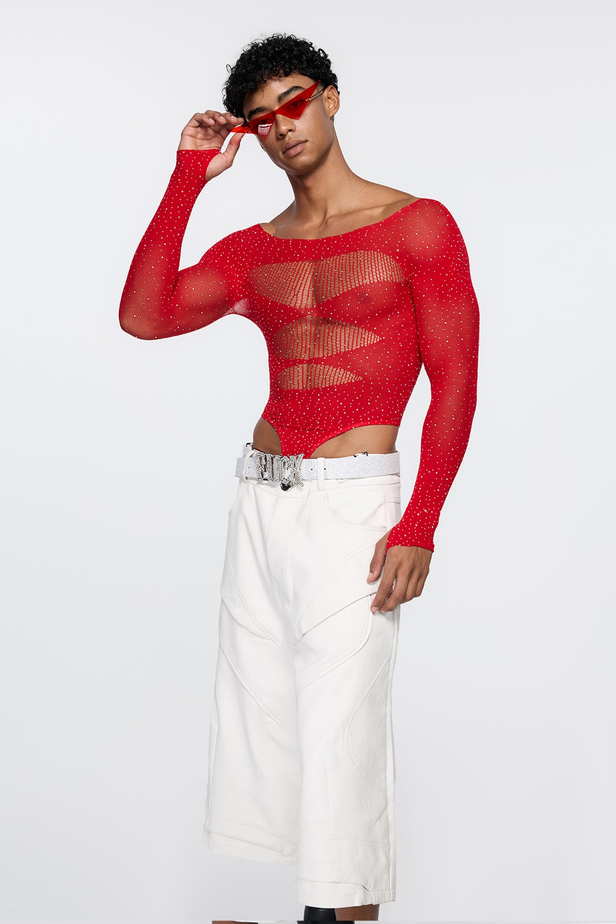 Polished Skin Fishnet Rhinestone Bodysuit Red