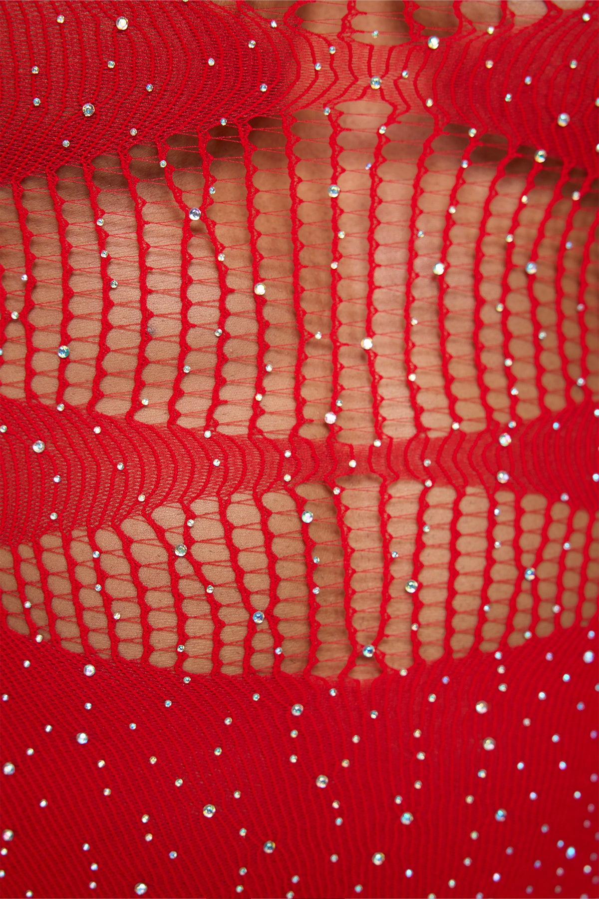 Polished Skin Fishnet Rhinestone Bodysuit Red