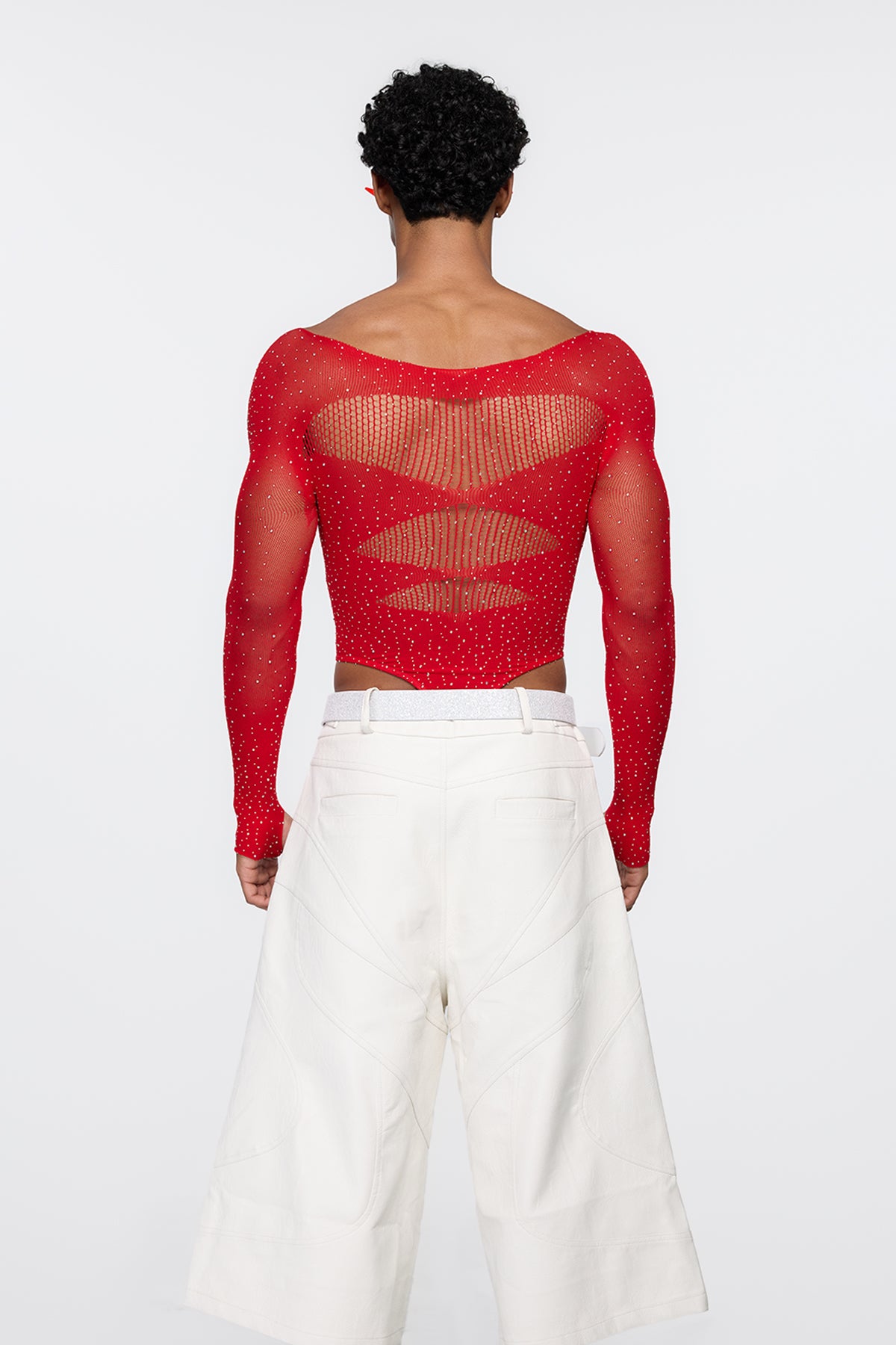 Polished Skin Fishnet Rhinestone Bodysuit Red