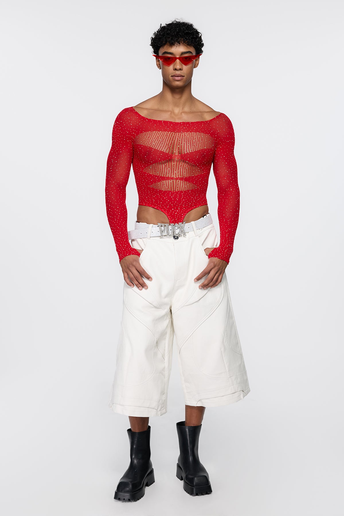 Polished Skin Fishnet Rhinestone Bodysuit Red