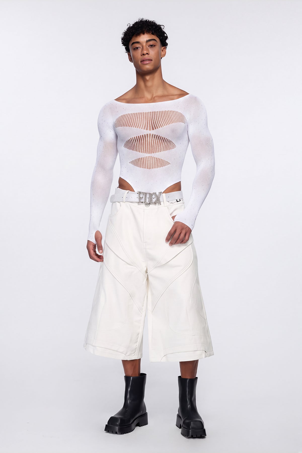 Polished Skin Fishnet Rhinestone Bodysuit White