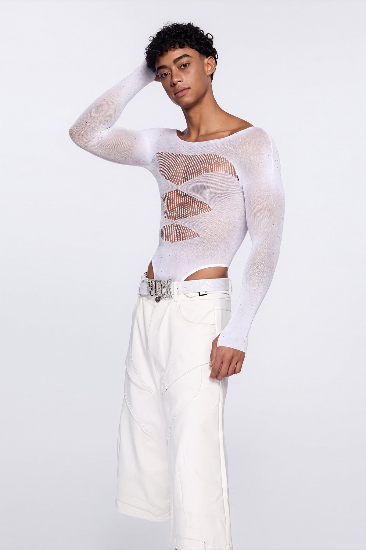Polished Skin Fishnet Rhinestone Bodysuit White