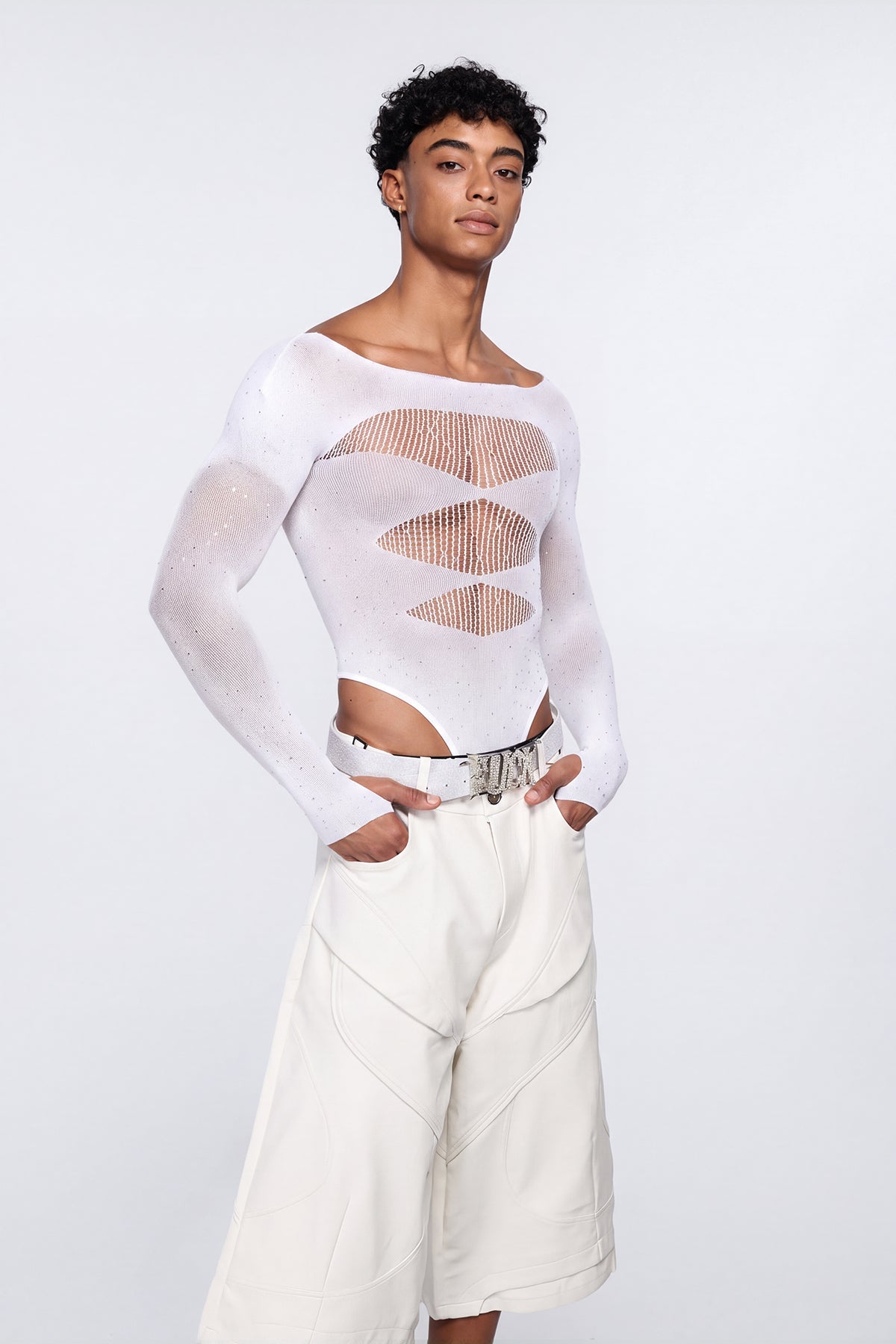 Polished Skin Fishnet Rhinestone Bodysuit White