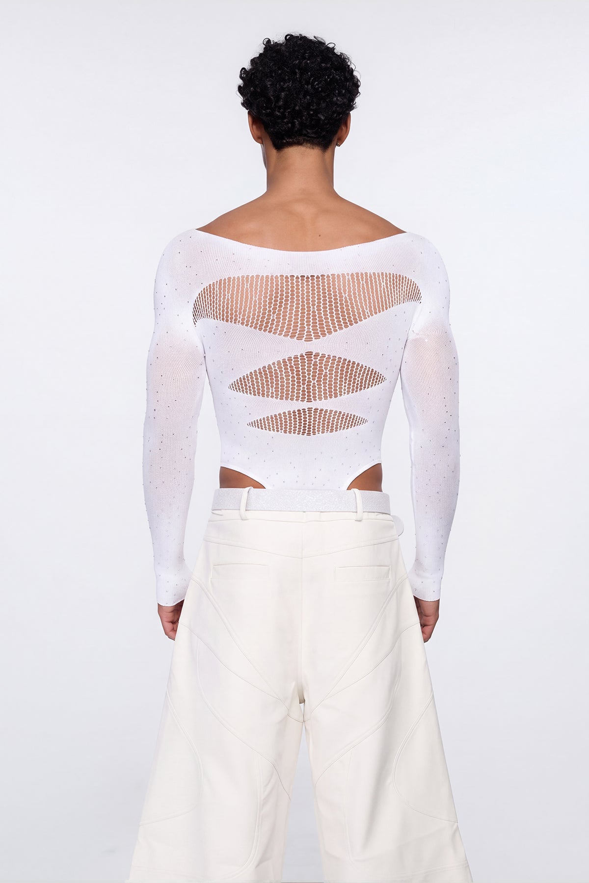 Polished Skin Fishnet Rhinestone Bodysuit White