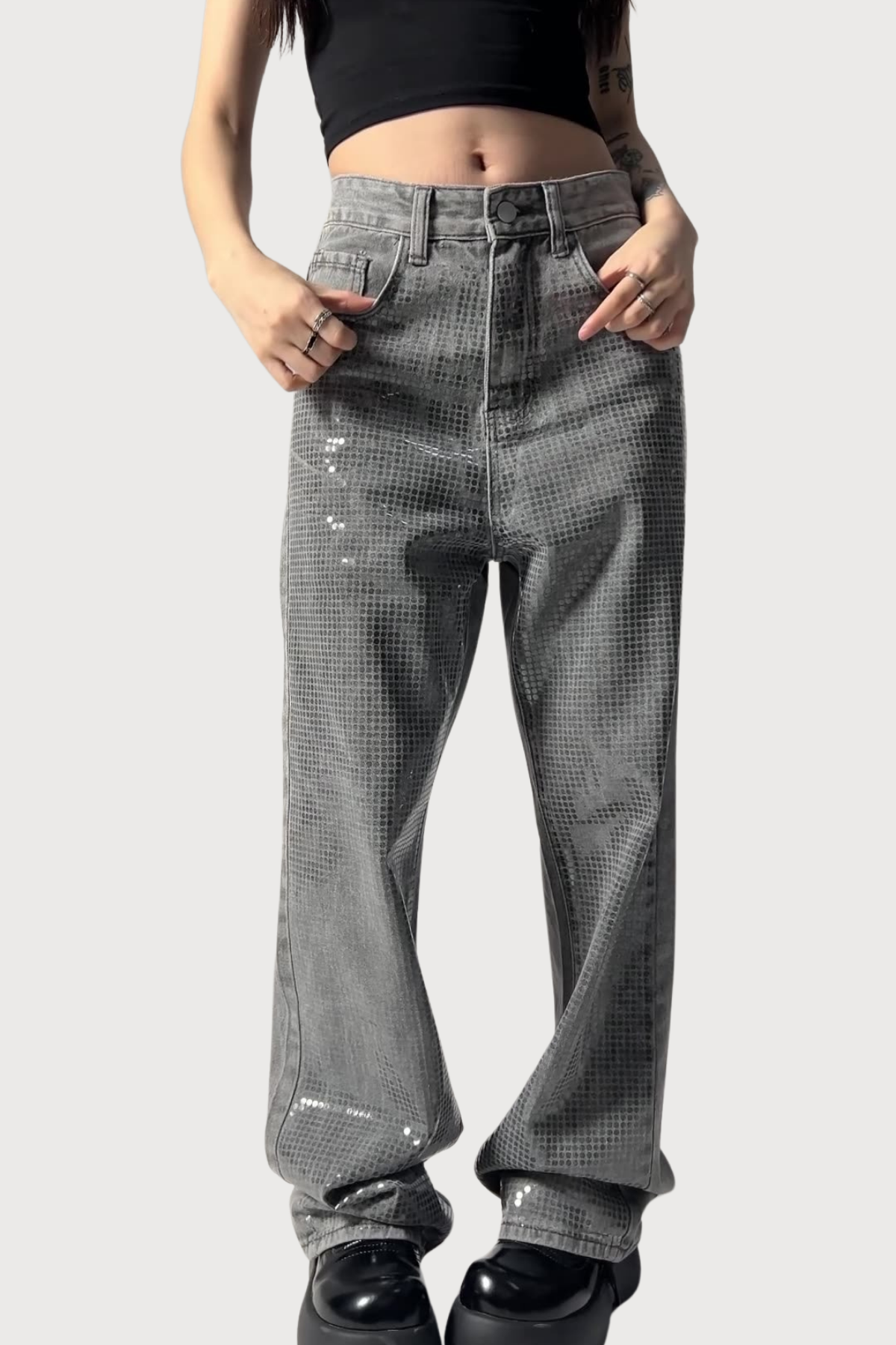 Power Fringe Straight Sequin Jeans Grey