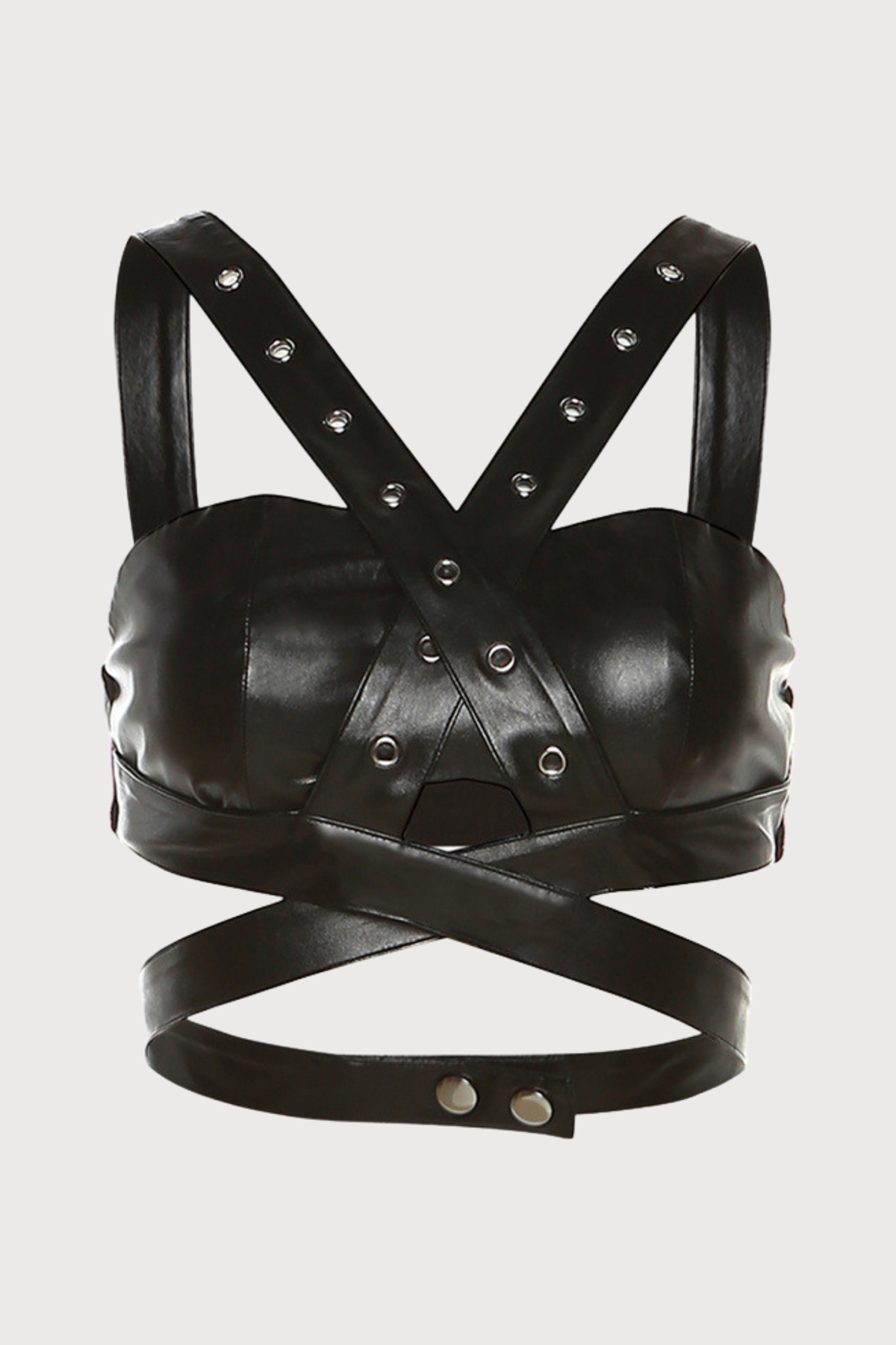 Power Clash Leather Buckle Backless Top