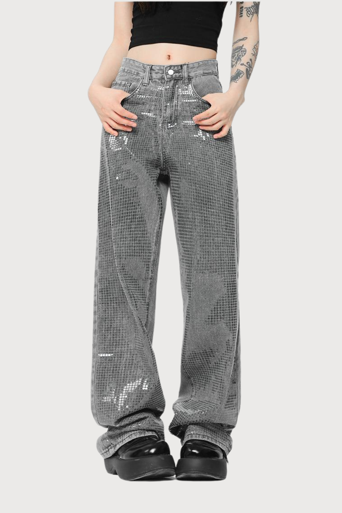 Power Fringe Straight Sequin Jeans Grey