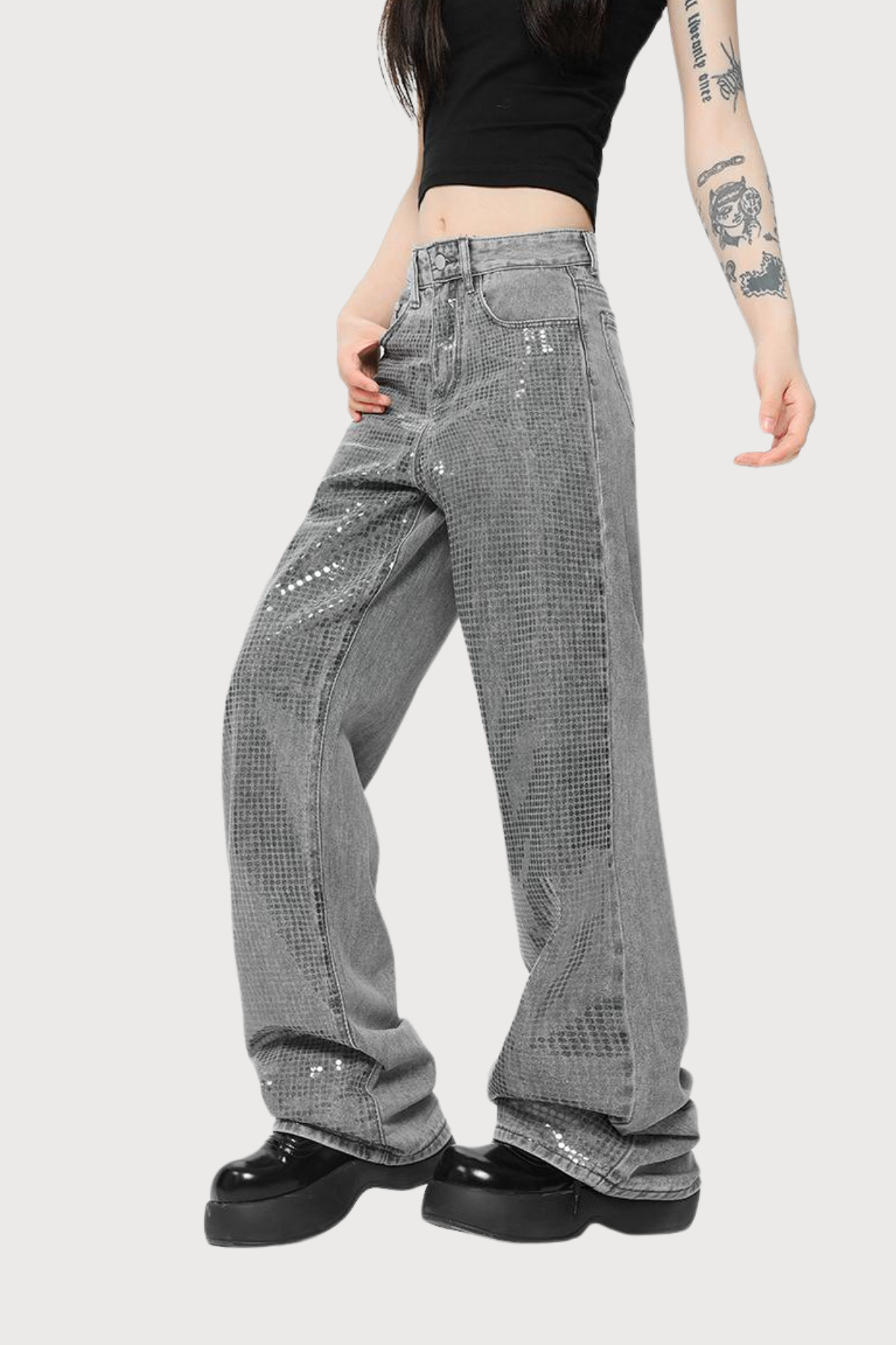 Power Fringe Straight Sequin Jeans Grey