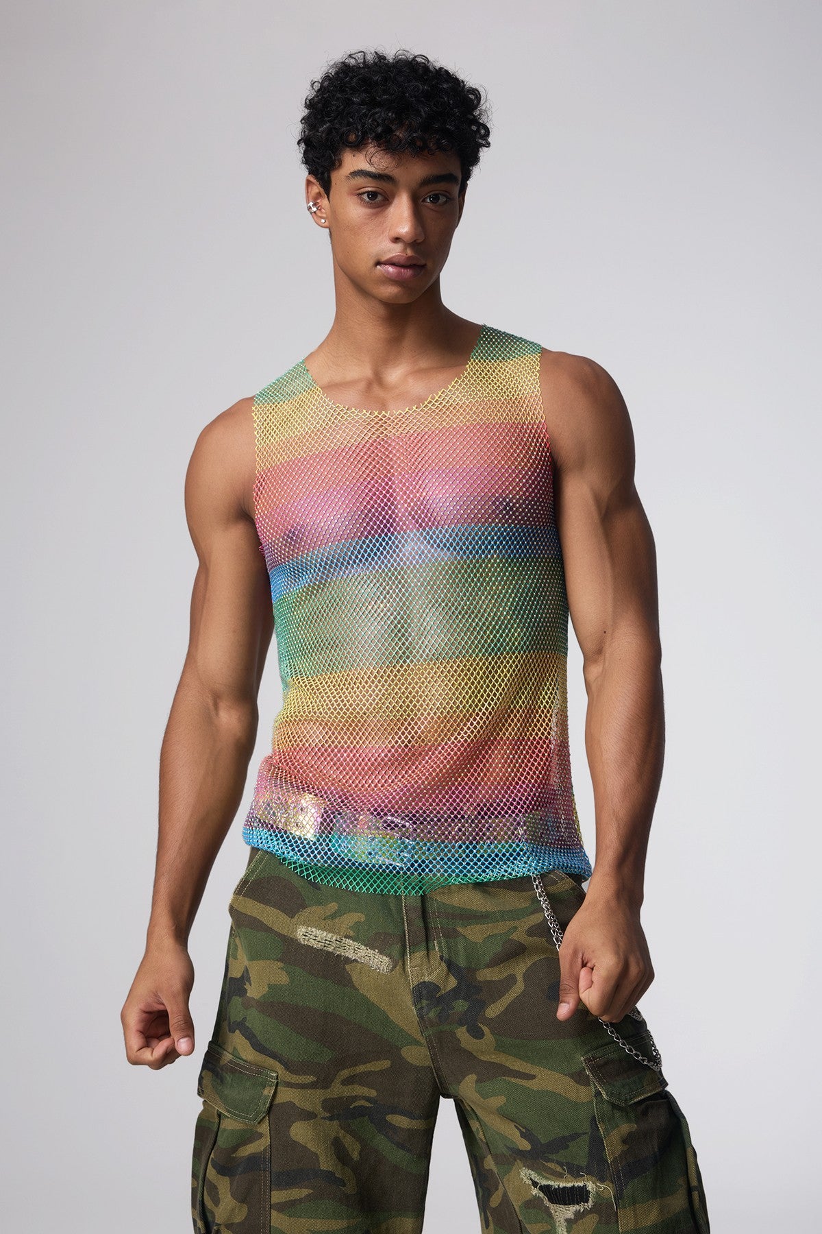 Pride Bloom Rhinestone Mesh Sleeveless Top