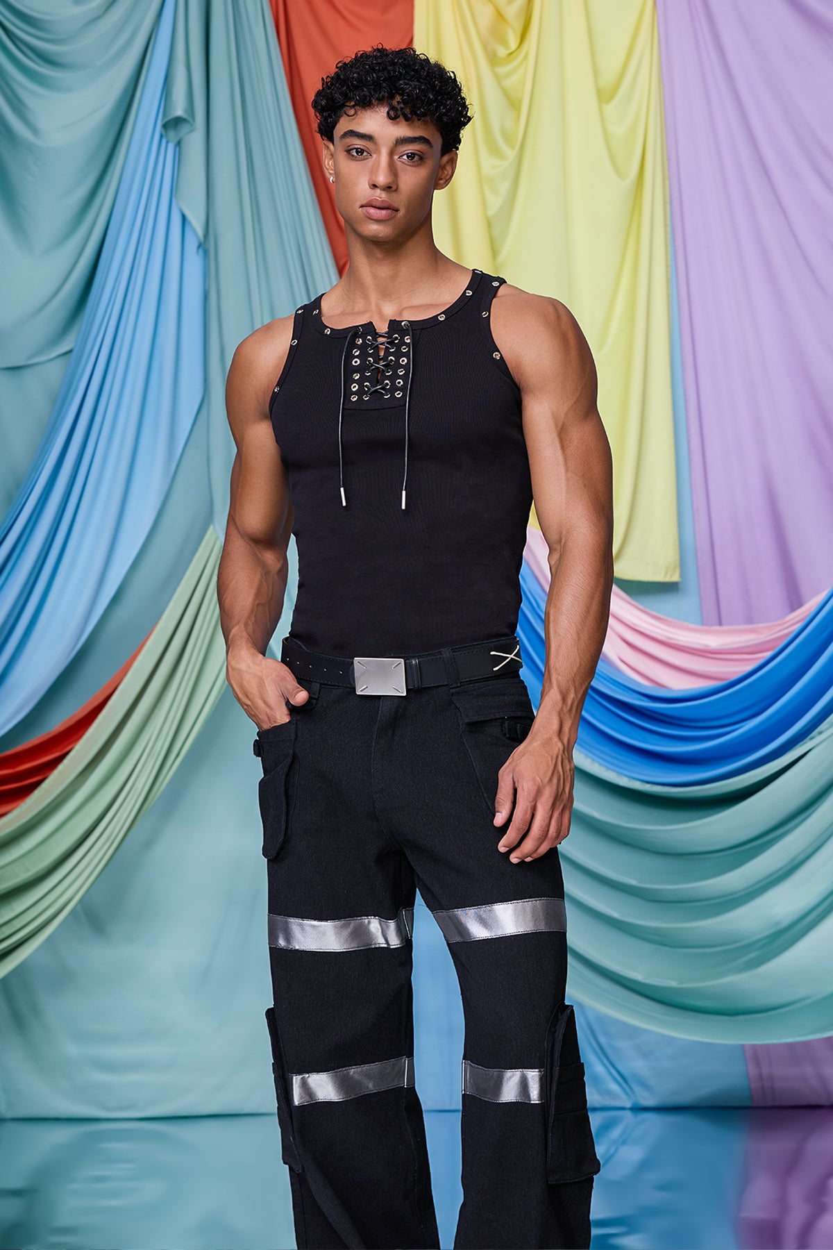Prime Hollow Eyelet Lace Up Tank Top Black