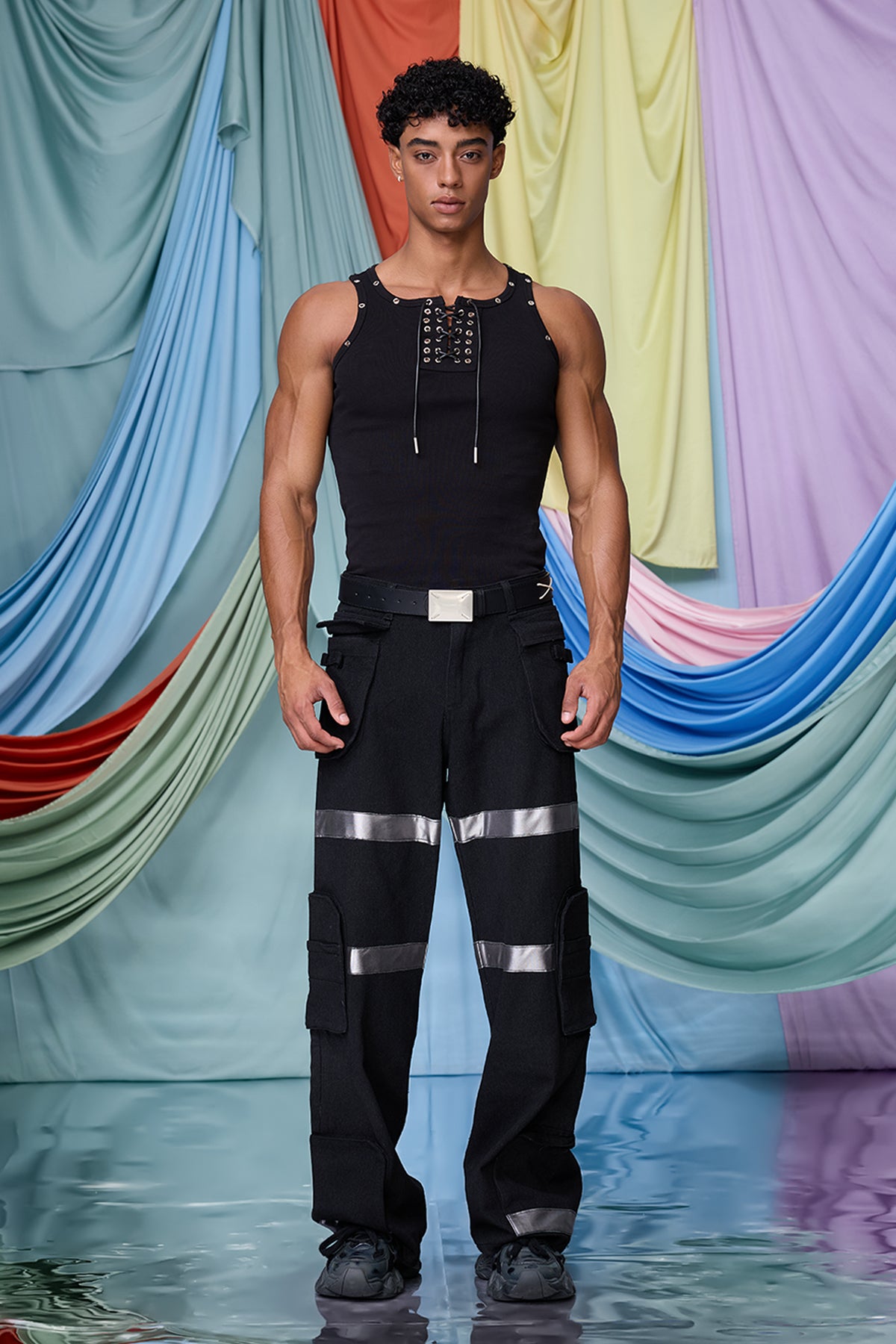 Prime Hollow Eyelet Lace Up Tank Top Black