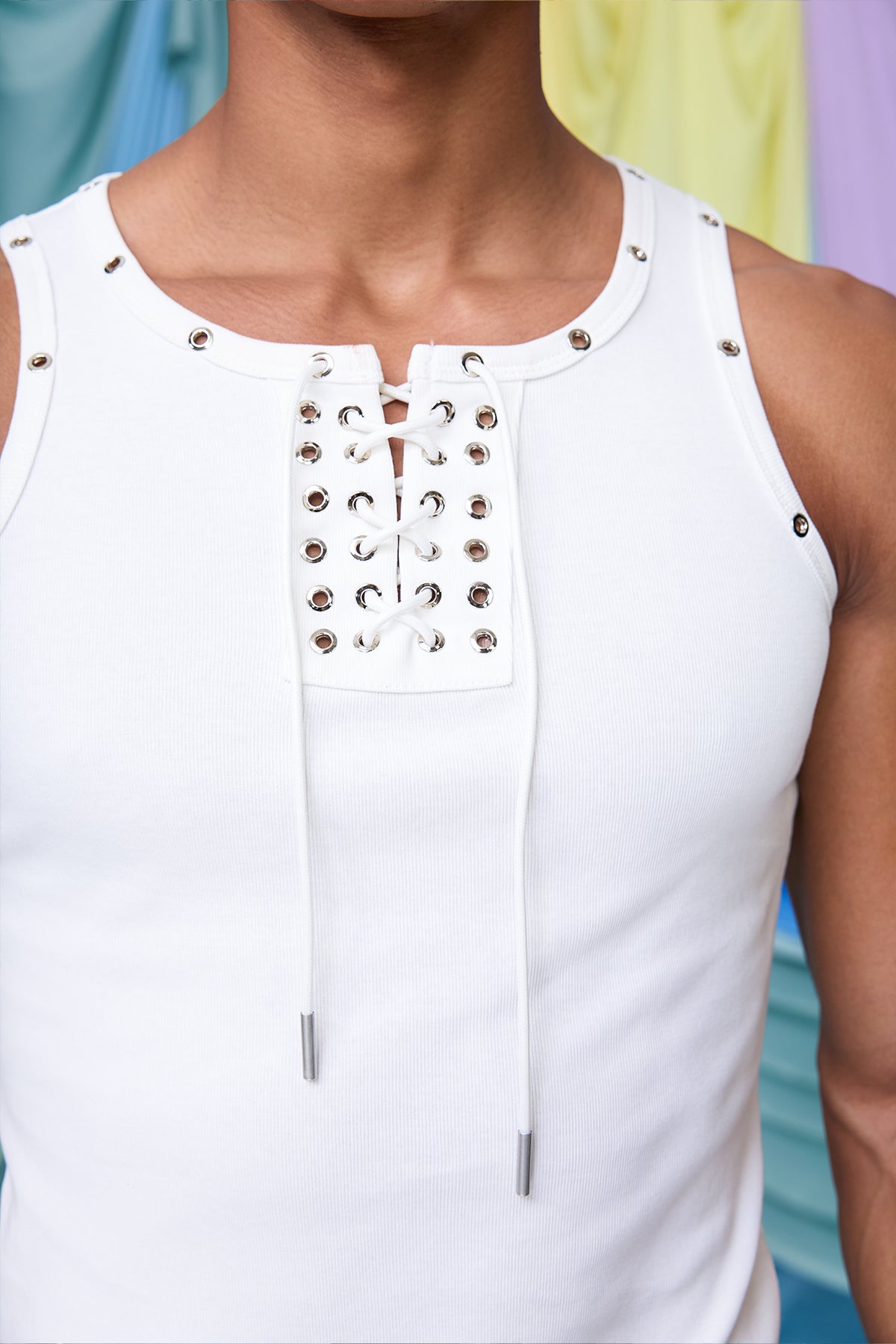 Prime Hollow Eyelet Lace Up Tank Top White