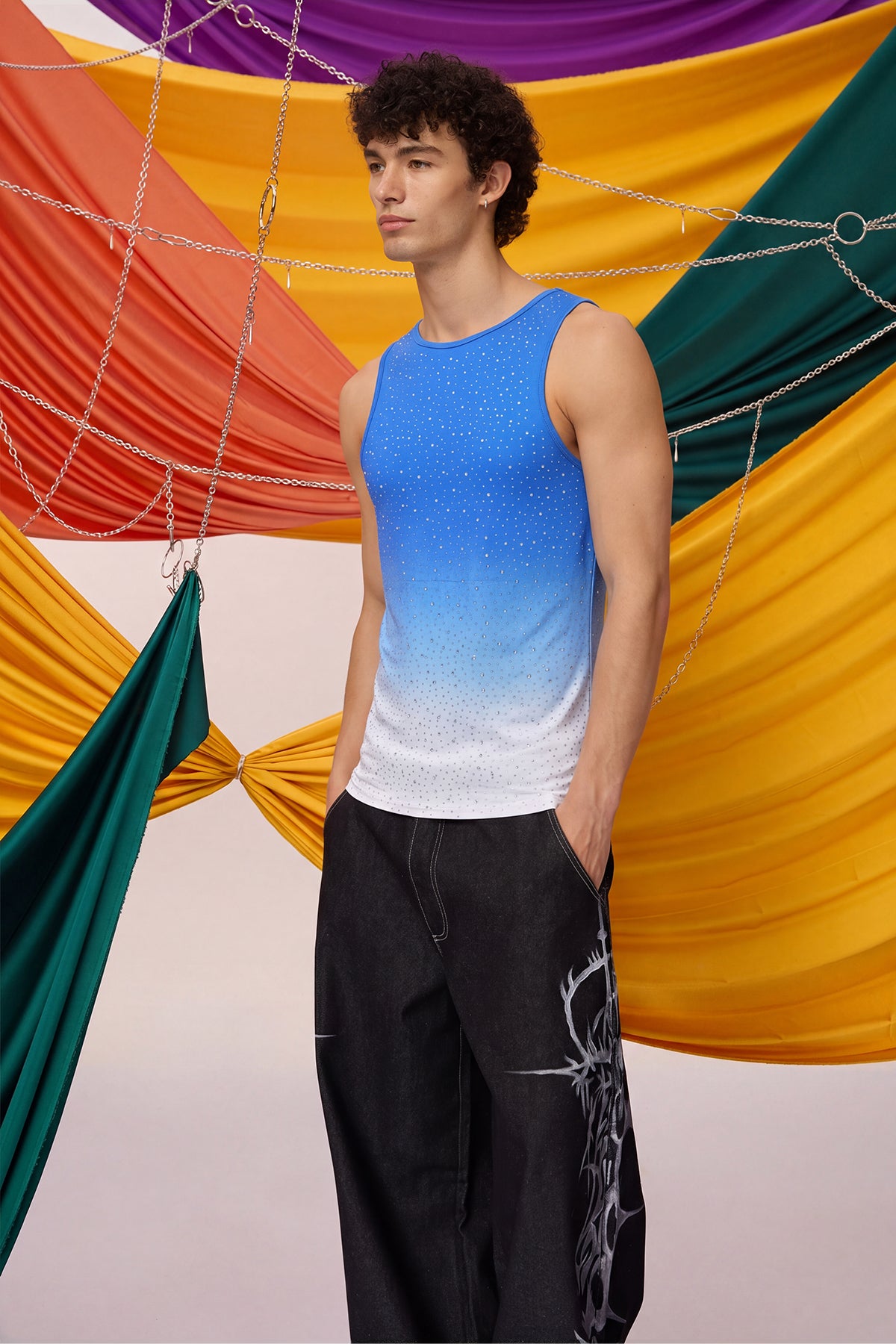 Prismatic Flash Rhinestone Tank Top Blue