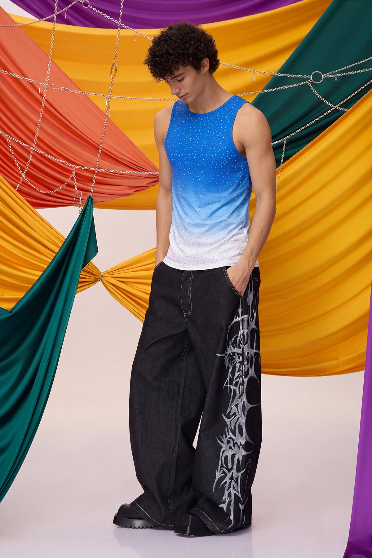 Prismatic Flash Rhinestone Tank Top Blue
