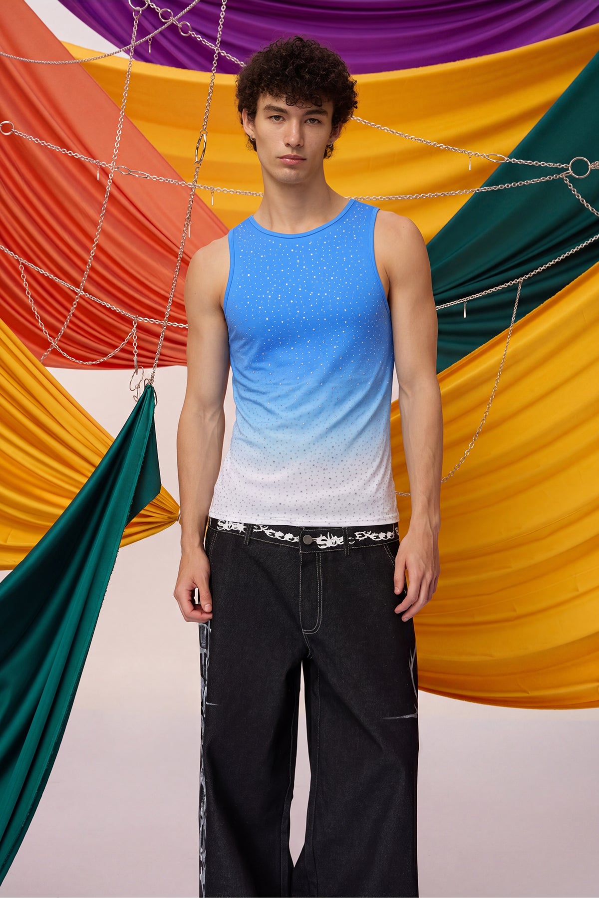 Prismatic Flash Rhinestone Tank Top Blue
