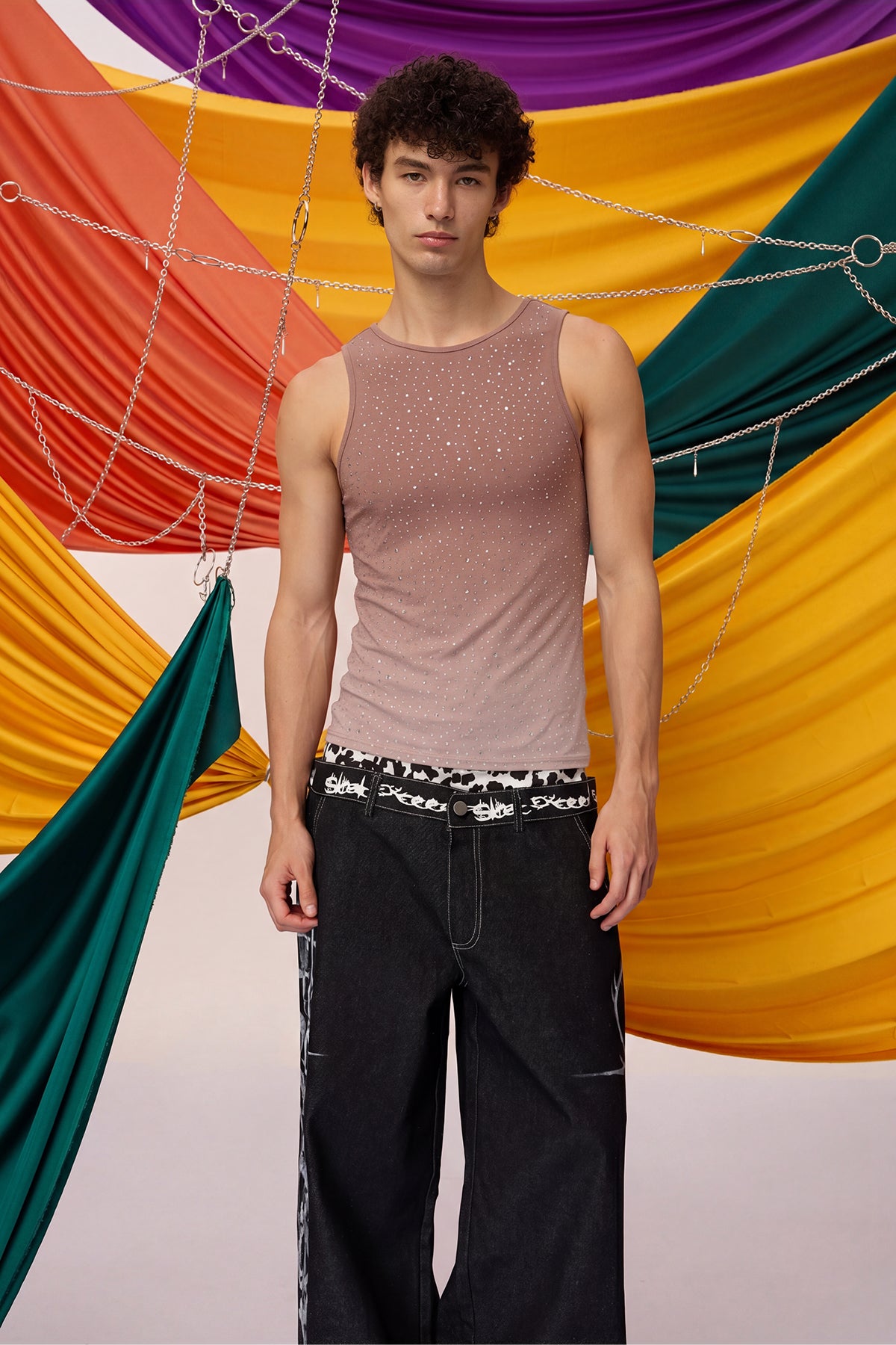 Prismatic Flash Rhinestone Tank Top Brown