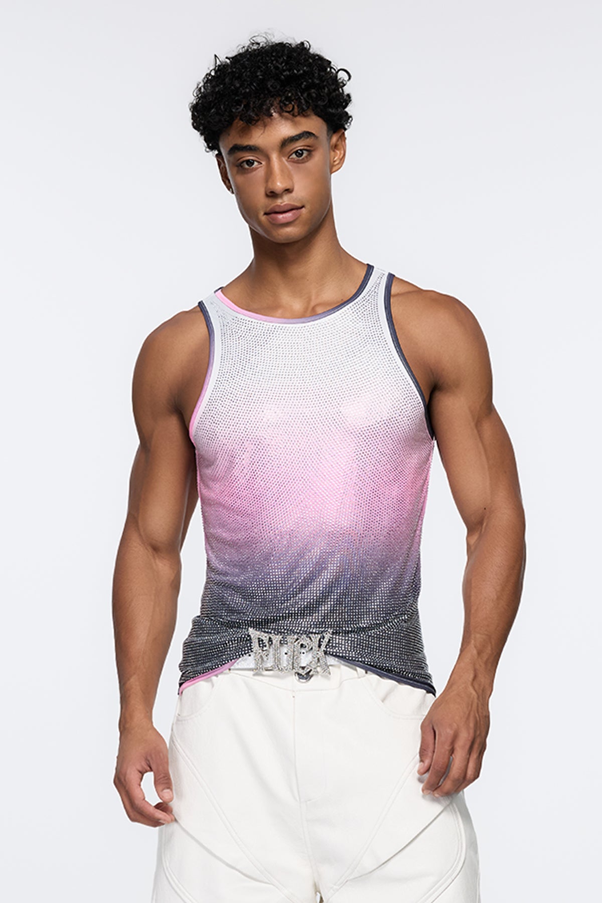 Prismatic Flash Rhinestone Tank Top Grey