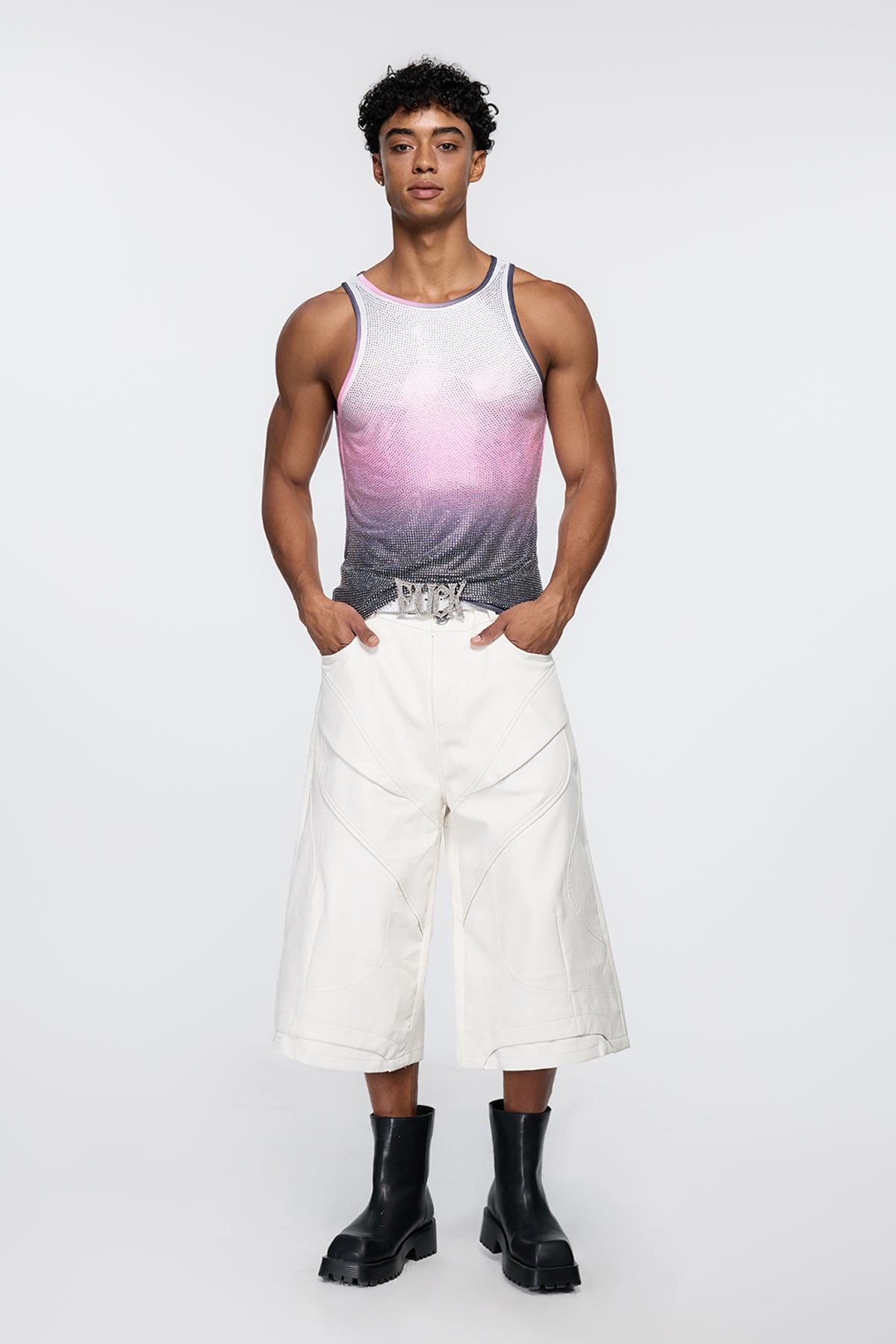 Prismatic Flash Rhinestone Tank Top Grey