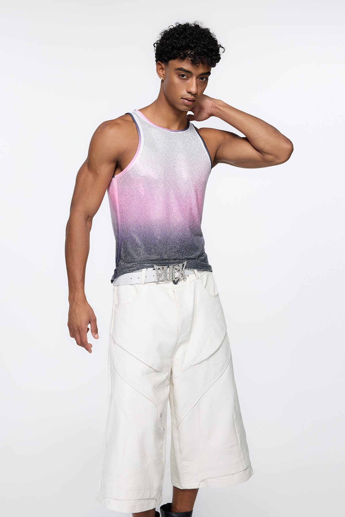 Prismatic Flash Rhinestone Tank Top Grey