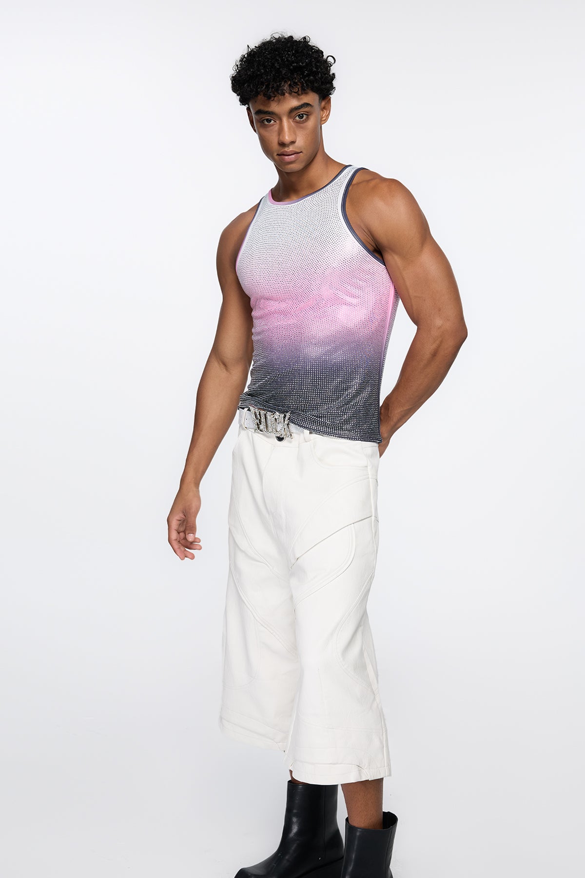 Prismatic Flash Rhinestone Tank Top Grey
