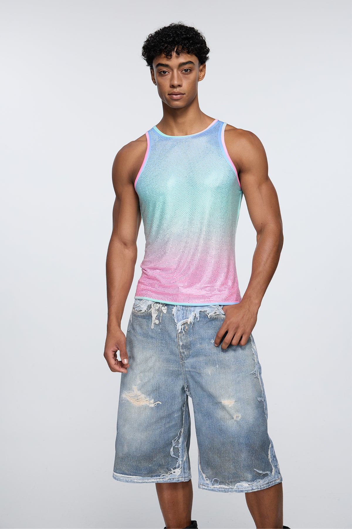 Prismatic Flash Rhinestone Tank Top Pink