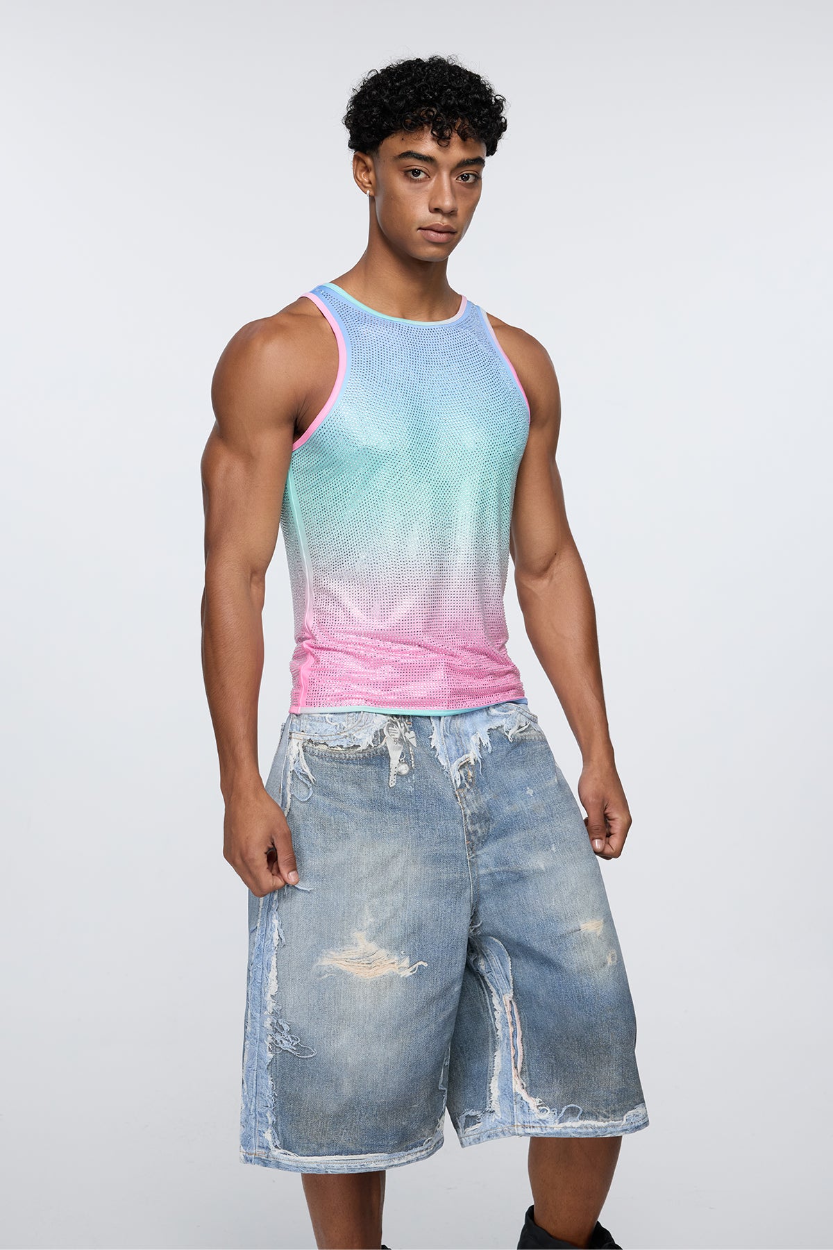 Prismatic Flash Rhinestone Tank Top Pink