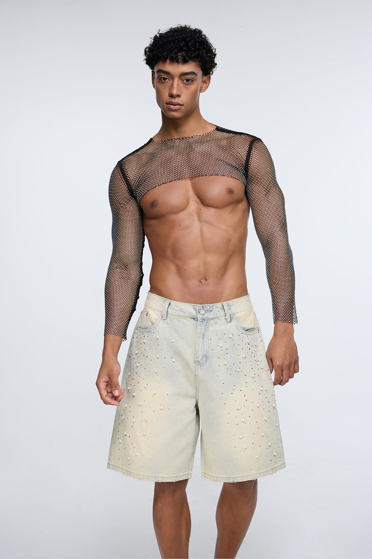Pulse Stud Rhinestone Mesh Crop Top Black