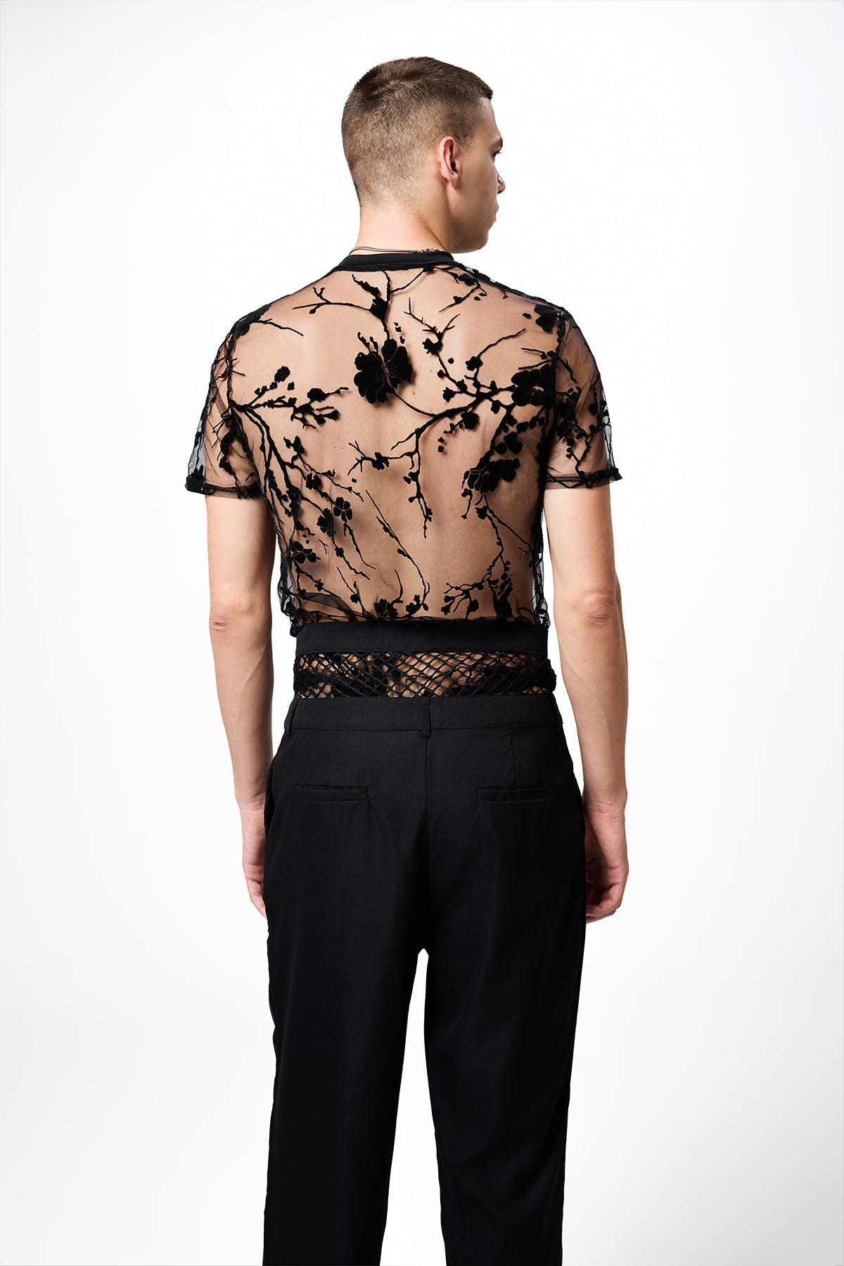 Pure Shade Crew Neck Mesh Floral Top