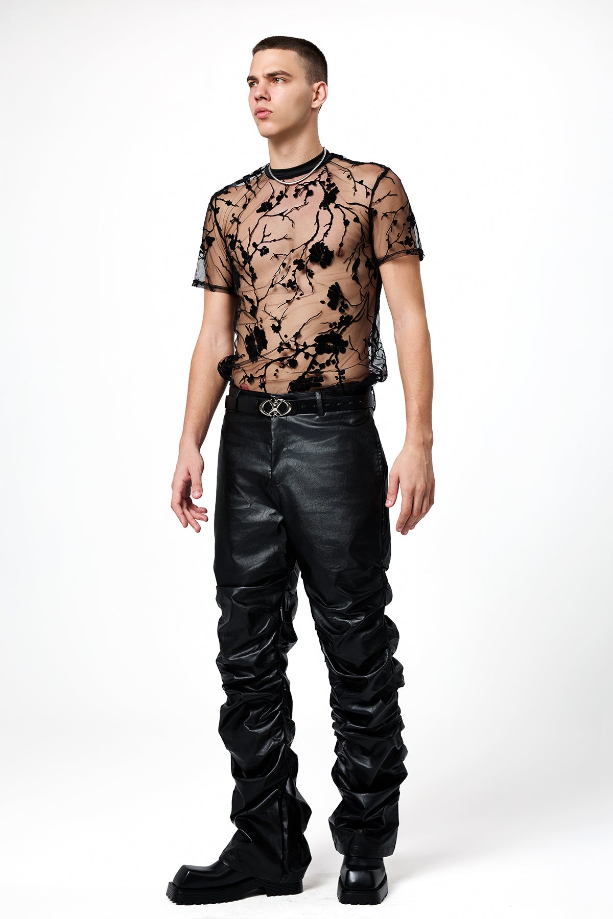 Pure Shade Crew Neck Mesh Floral Top