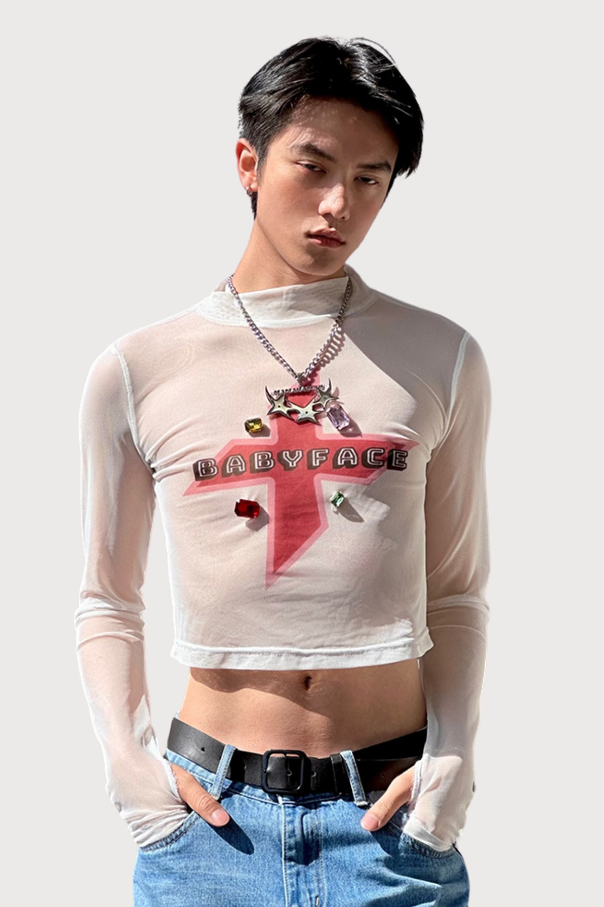 Pure Skin Mesh Rhinestone Crop Top