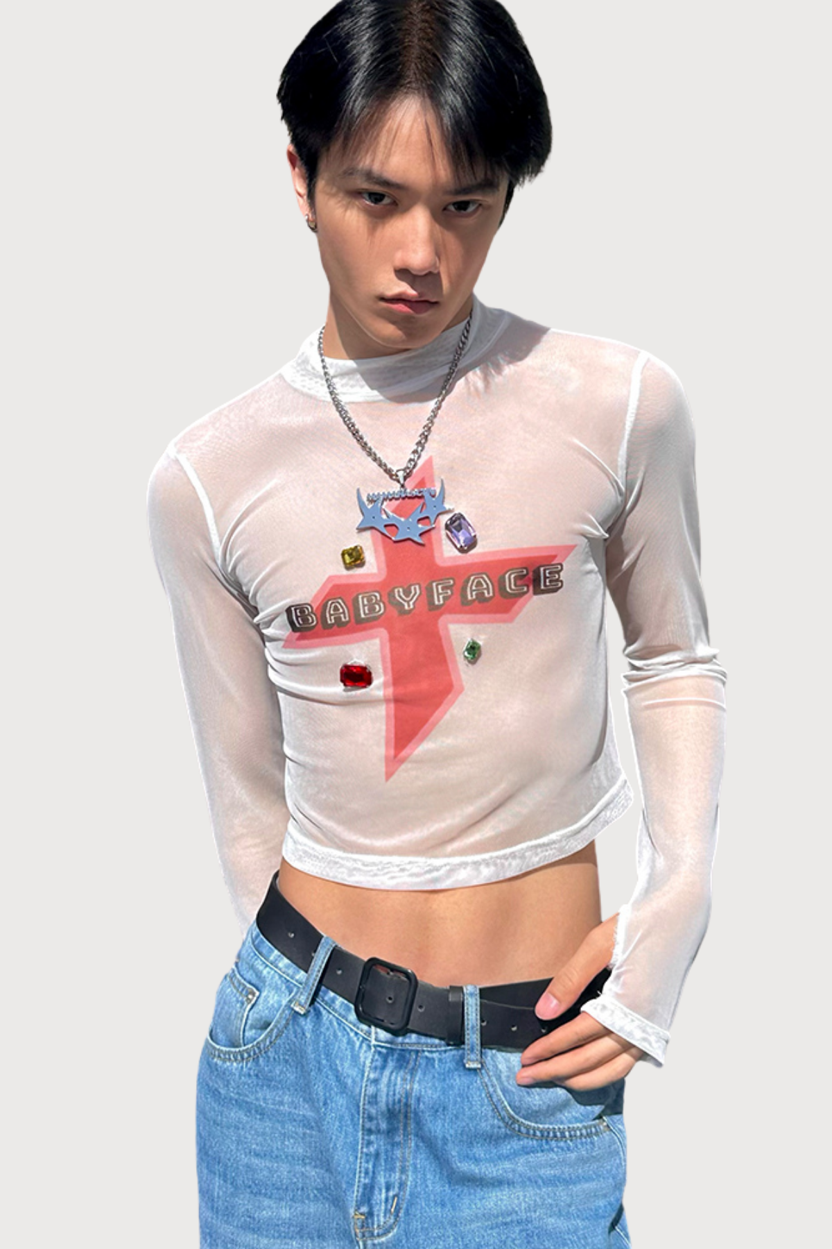 Pure Skin Mesh Rhinestone Crop Top