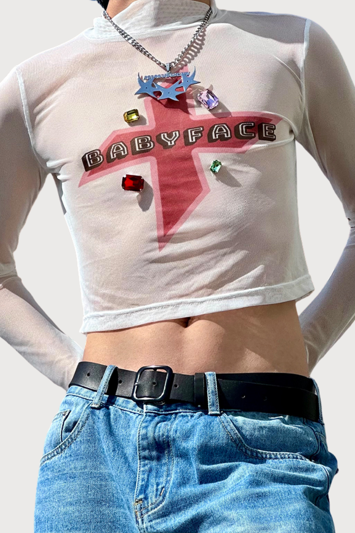 Pure Skin Mesh Rhinestone Crop Top