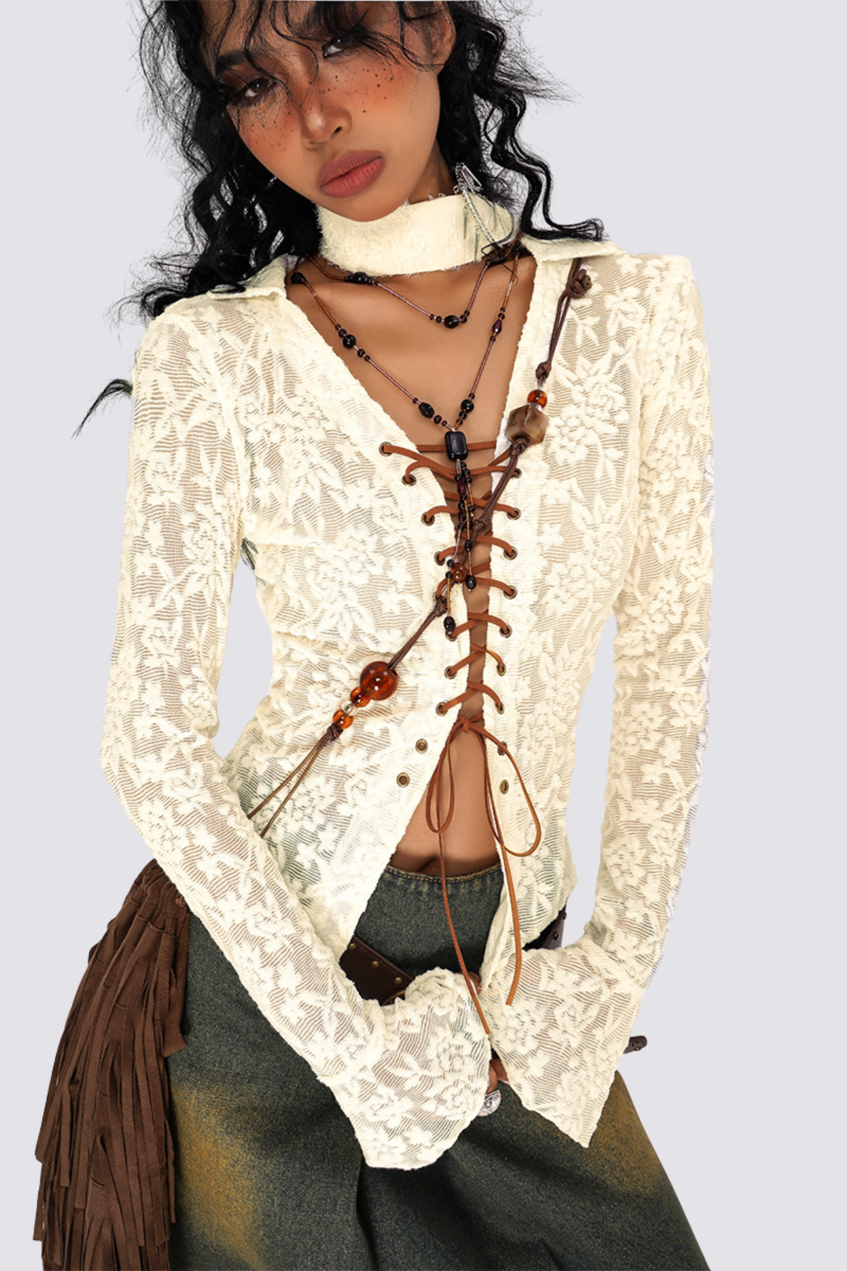 Pure Weave Lace Up Lace Long Sleeve Shirts