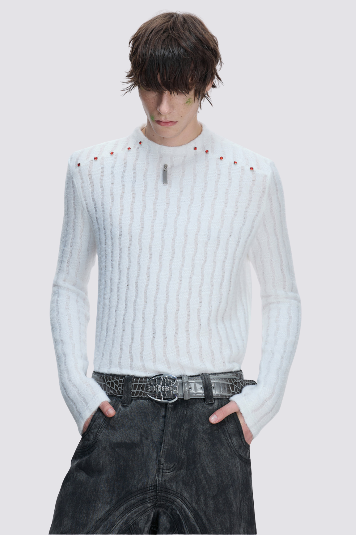 Quiet Density Rhinestone Long Sleeve Top White