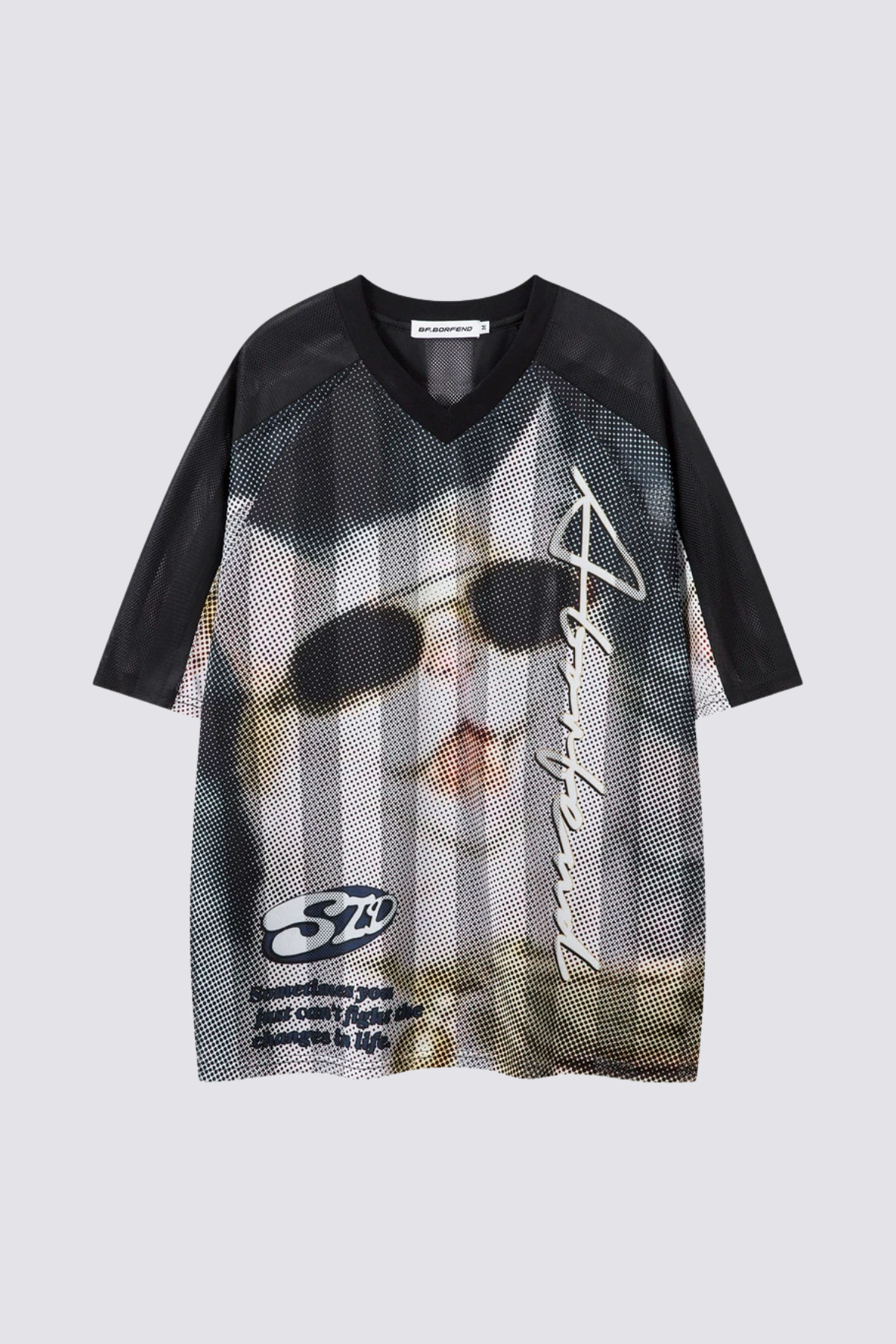 Quiet Layer Cutout V Neck Mesh Print T-Shirt