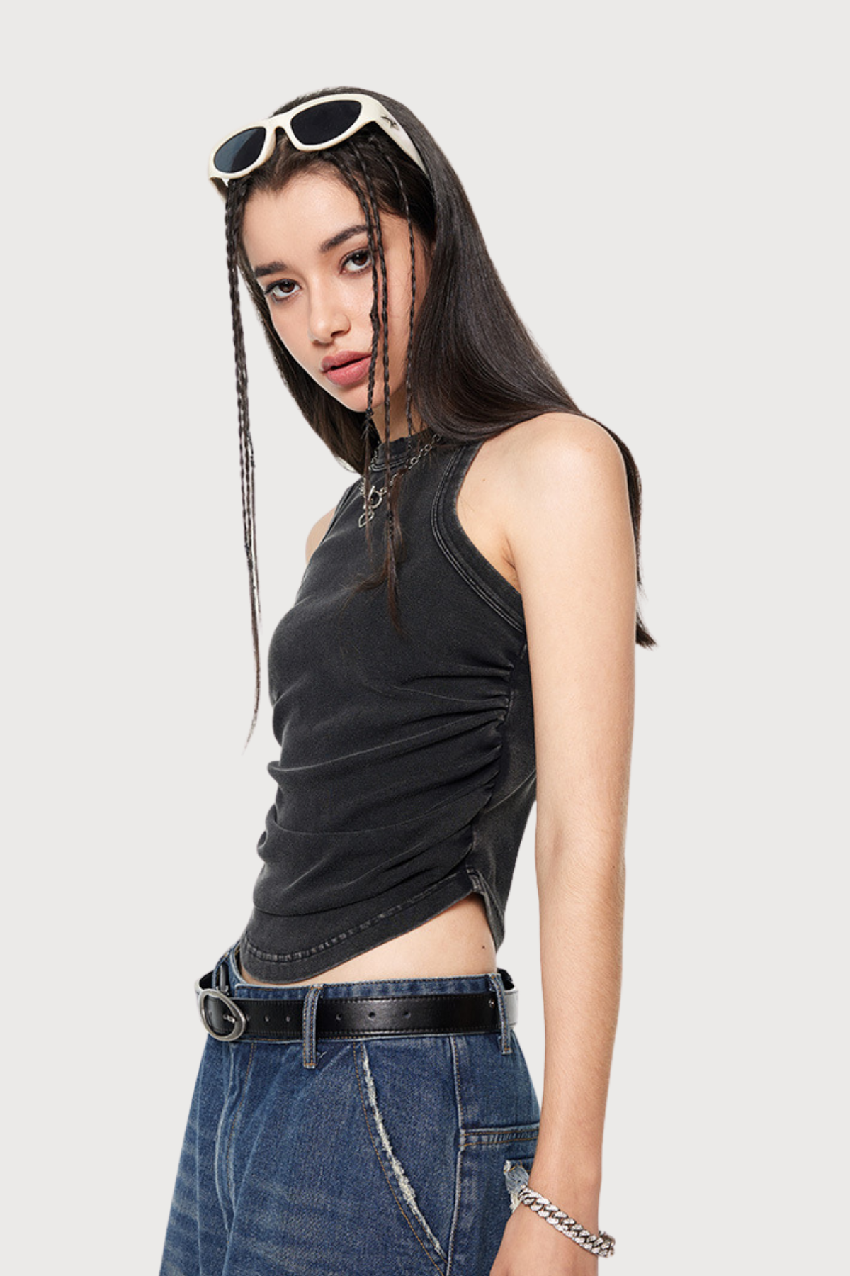 Quiet Shape Ruched Sleeveless Top Black