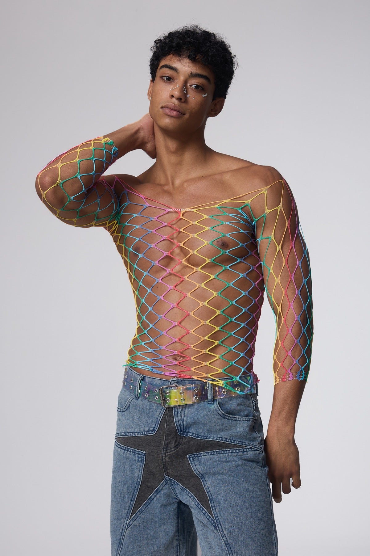 Rainbow Strike Net Cutout Top
