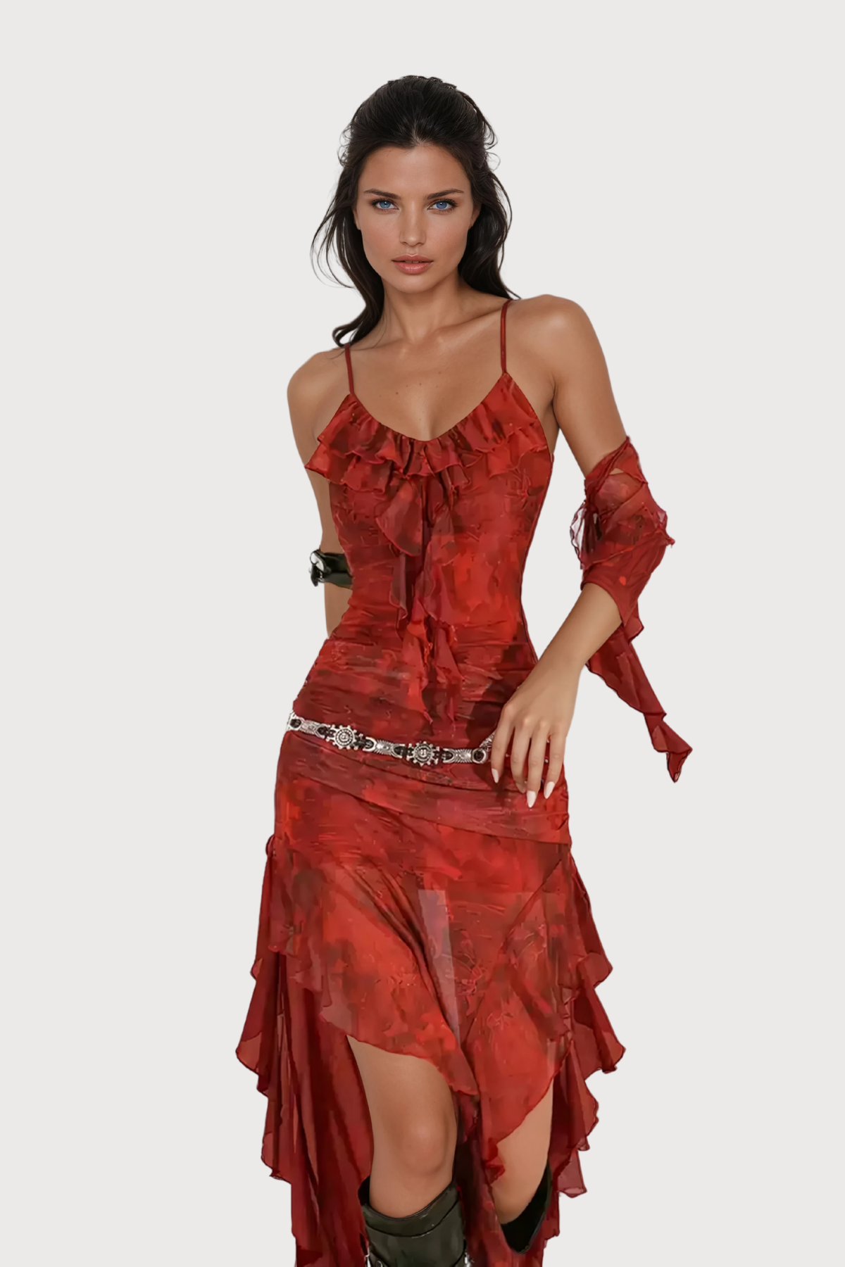 Rave Texture Spaghetti Print Mesh Midi Dress