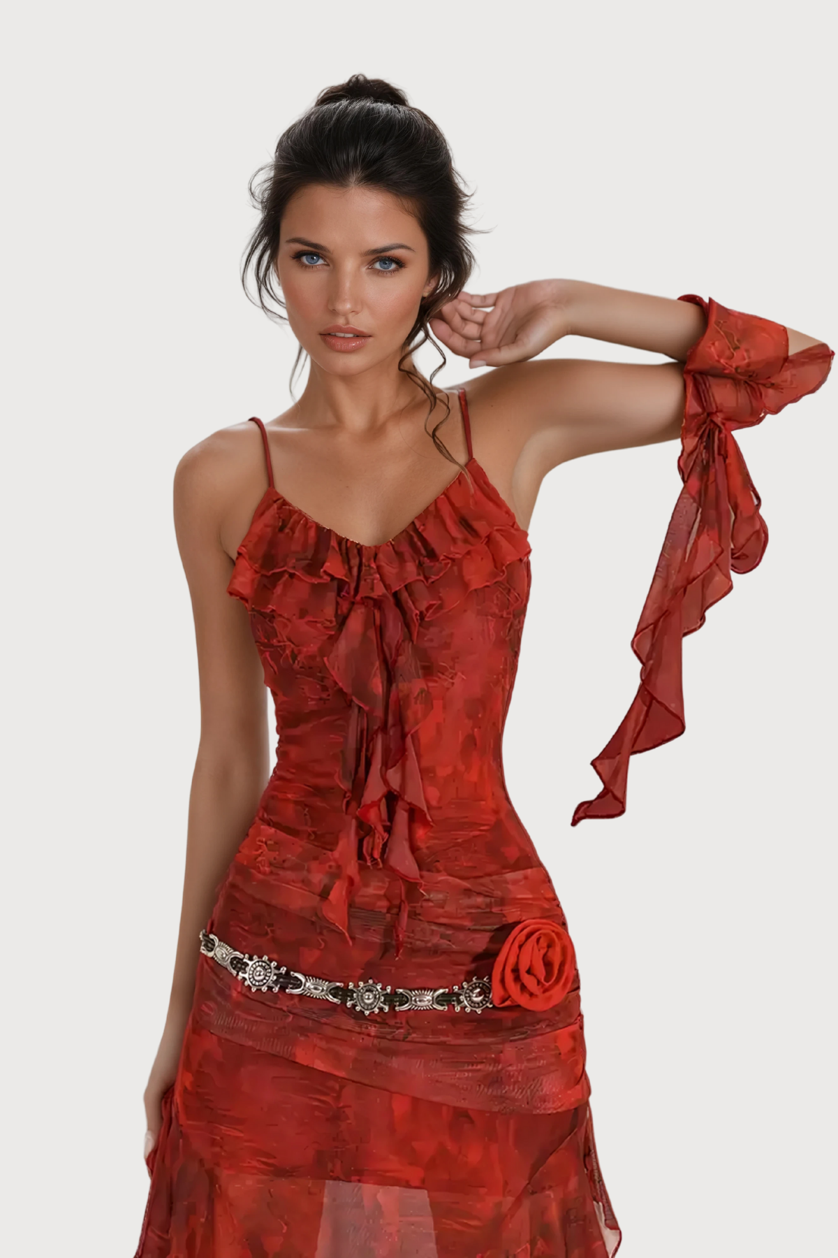 Rave Texture Spaghetti Print Mesh Midi Dress