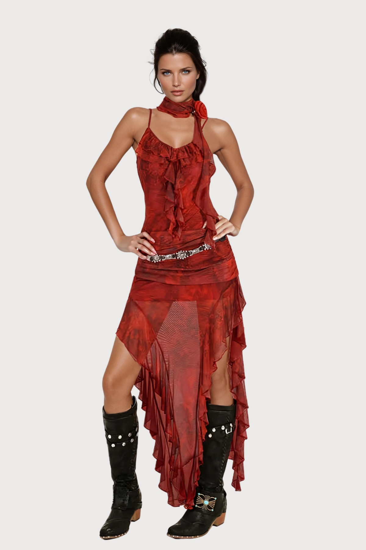 Rave Texture Spaghetti Print Mesh Midi Dress