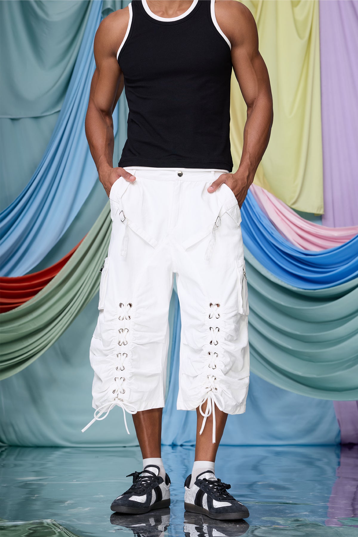 Raw Flare Lace Up Capri Pants White